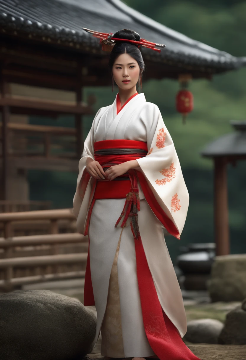 girl, traditional japanese, standing up outdoor, looking to the camera, photo realistic render, full body shot, samourai era, traditionnal japanese construction background, wearing traditional women samourai clothes, ethno
