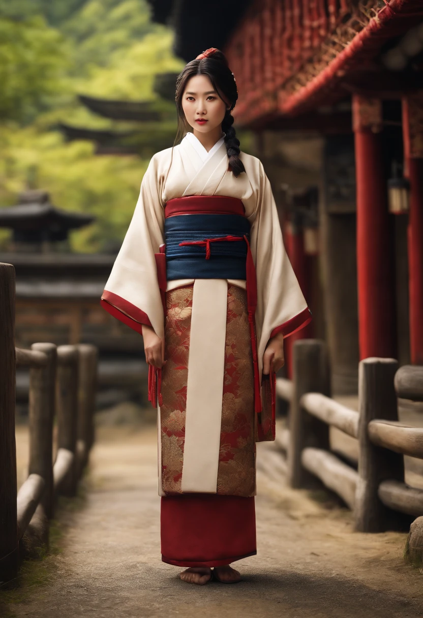 girl, traditional japanese, standing up outdoor, looking to the camera, photo realistic render, full body shot, samourai era, traditionnal japanese construction background, wearing traditional women samourai clothes, ethno