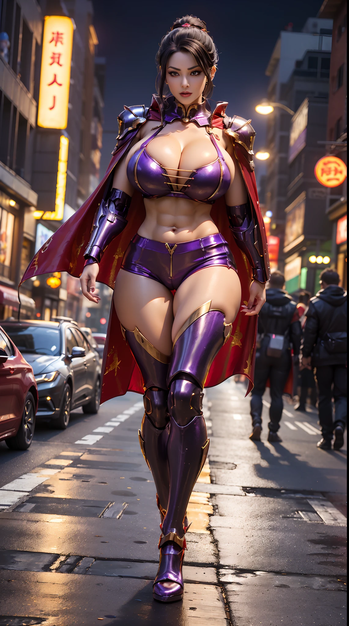 1GIRL, SOLO, (makeup, beautifull eyes, black ponytail hair, gold ornament hair), (HUGE FAKE BOOBS:1.3), (GUARD ARM, GLOVE), IMMORTAL, (black, purple, red, FUTURISTIC DRAGON MECHA ARMOR SUIT, ROYAL CAPE, CLEAVAGE, SKINTIGHT YOGA HOTPANTS, HIGH HEELS:1.5), (SEXY BODY, MUSCULAR ABS, SEXY LONG LEGS, FULL BODY:1.3), (FROM FRONT, LOOKING AT VIEWER:1), (WALKING DOWN ON STREET NIGHT CITY:1.3), PHYSICALLY-BASED RENDERING, ULTRA HIGHT DEFINITION, 8K, 1080P.