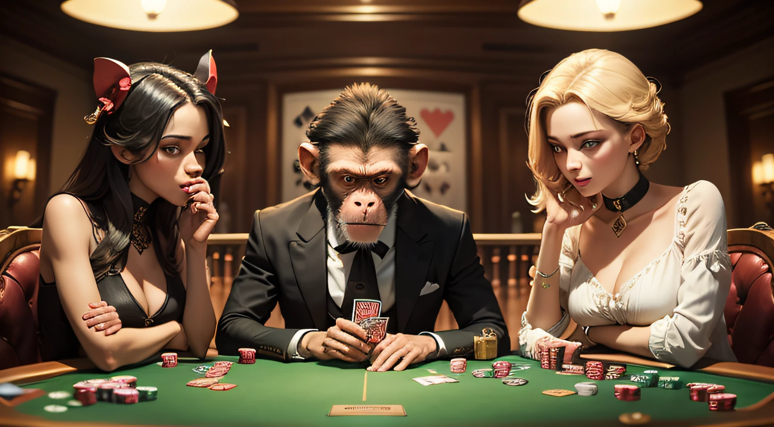 Monkey playing poker, three of a kind, tarrot cards, mysterious, Golden ratio, masterpiece,