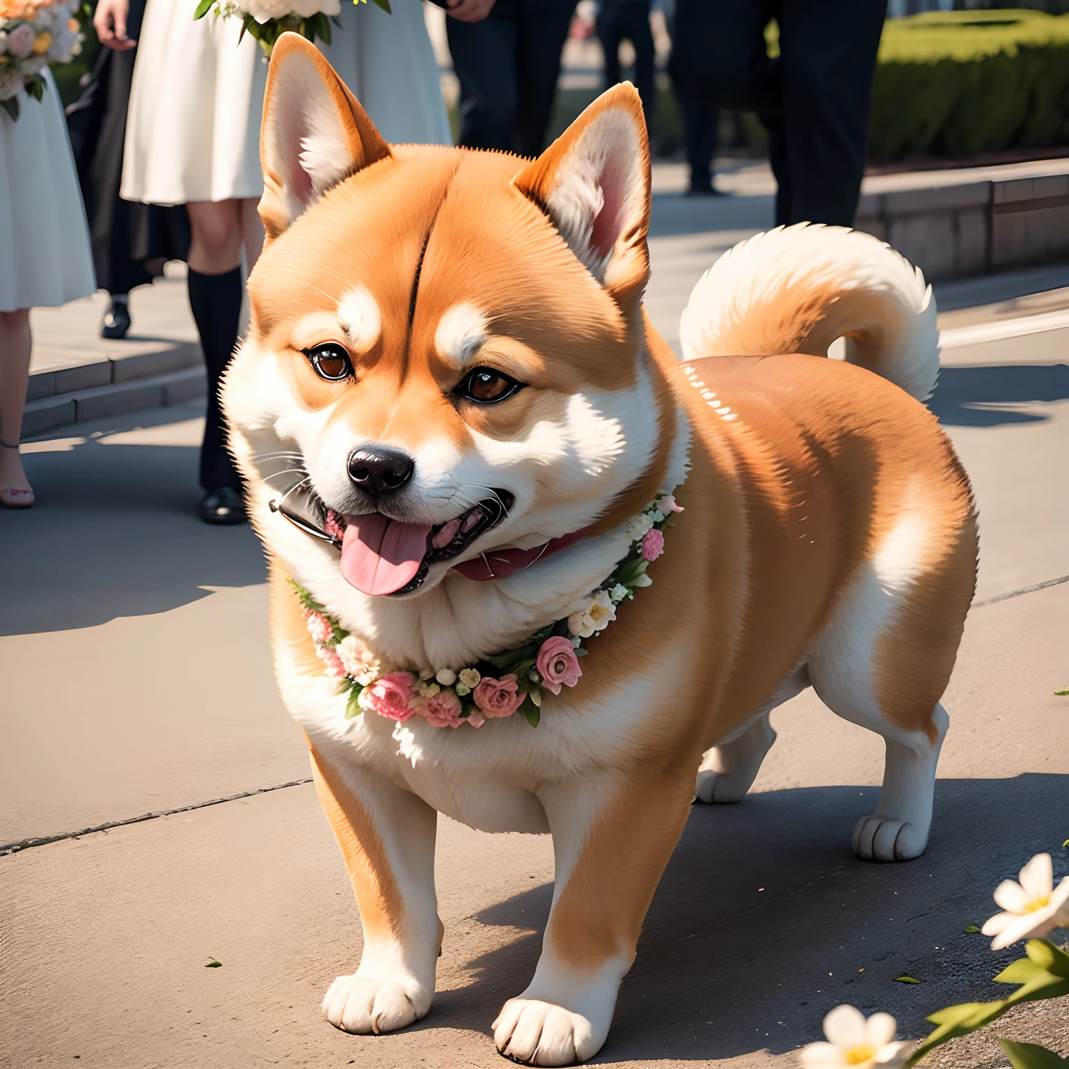 shiba inu dog carrying flowers in mouth at wedding, flower girl, hyper realistic