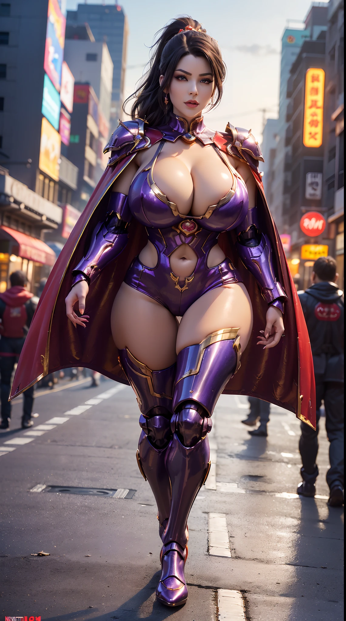 1GIRL, SOLO, (makeup, beautifull eyes, black ponytail hair, gold ornament hair), (HUGE FAKE BOOBS:1.3), (GUARD ARM, GLOVE), IMMORTAL, (black, purple, red, FUTURISTIC DRAGON MECHA ARMOR SUIT, ROYAL CAPE, CLEAVAGE, SKINTIGHT YOGA HOTPANTS, HIGH HEELS:1.5), (SEXY BODY, MUSCULAR ABS, SEXY LONG LEGS, FULL BODY:1.3), (FROM FRONT, LOOKING AT VIEWER:1), (WALKING DOWN ON STREET NIGHT CITY:1.3), PHYSICALLY-BASED RENDERING, ULTRA HIGHT DEFINITION, 8K, 1080P.