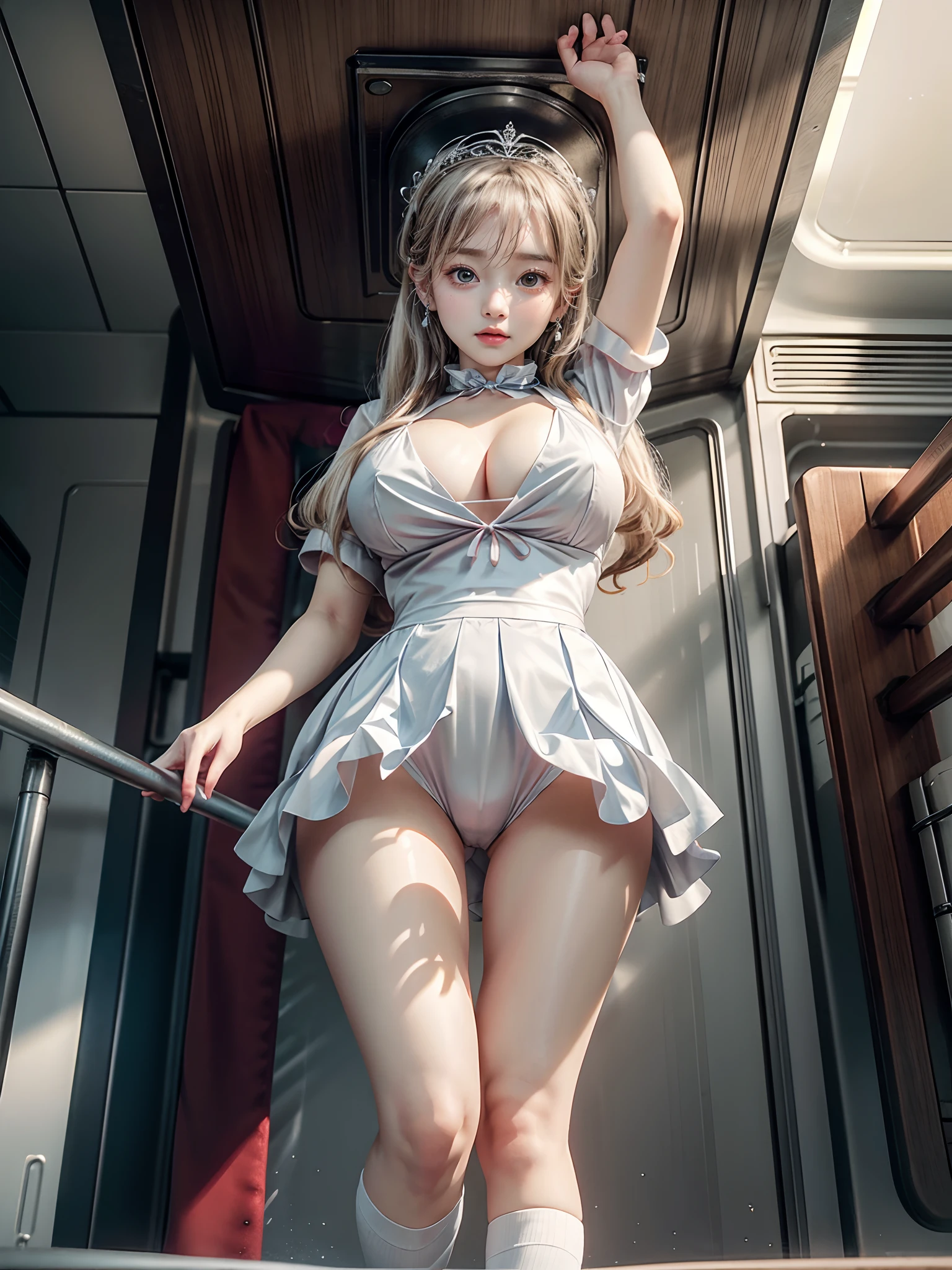 SFW、(NSFW_STILL_SHOW)、 (Seducing from Oppai-Loli, baby face), Masterpiece 8K Best_Quality, (photorealistic:1.37)、Soft Lighting with Many Follow lights、smooth shading、(((Detailed KAWAII face))、perfect eyes)、Biomechanical HUGE and HEAVY boob、{(Childish|Gigantic Cleavage:1.37)}、Soft Nipples、{(((Ass focus))|((Full Body:1.2))|((from below:1.2)))|Ass focus}、Detailed open crotch、clear focused、{hide the Nipples|The shape of the pubic area is Clearly Visible}、(Detailed Oily Porcelain skin)、{Red leather high collar|Princes tiara|anklets|Blonde hair|Brunette hair|Black hair|Silver hair}、zydG、pussy、{Floating hair|Strong wind|Sexy pose|in the train}((School Uniform))