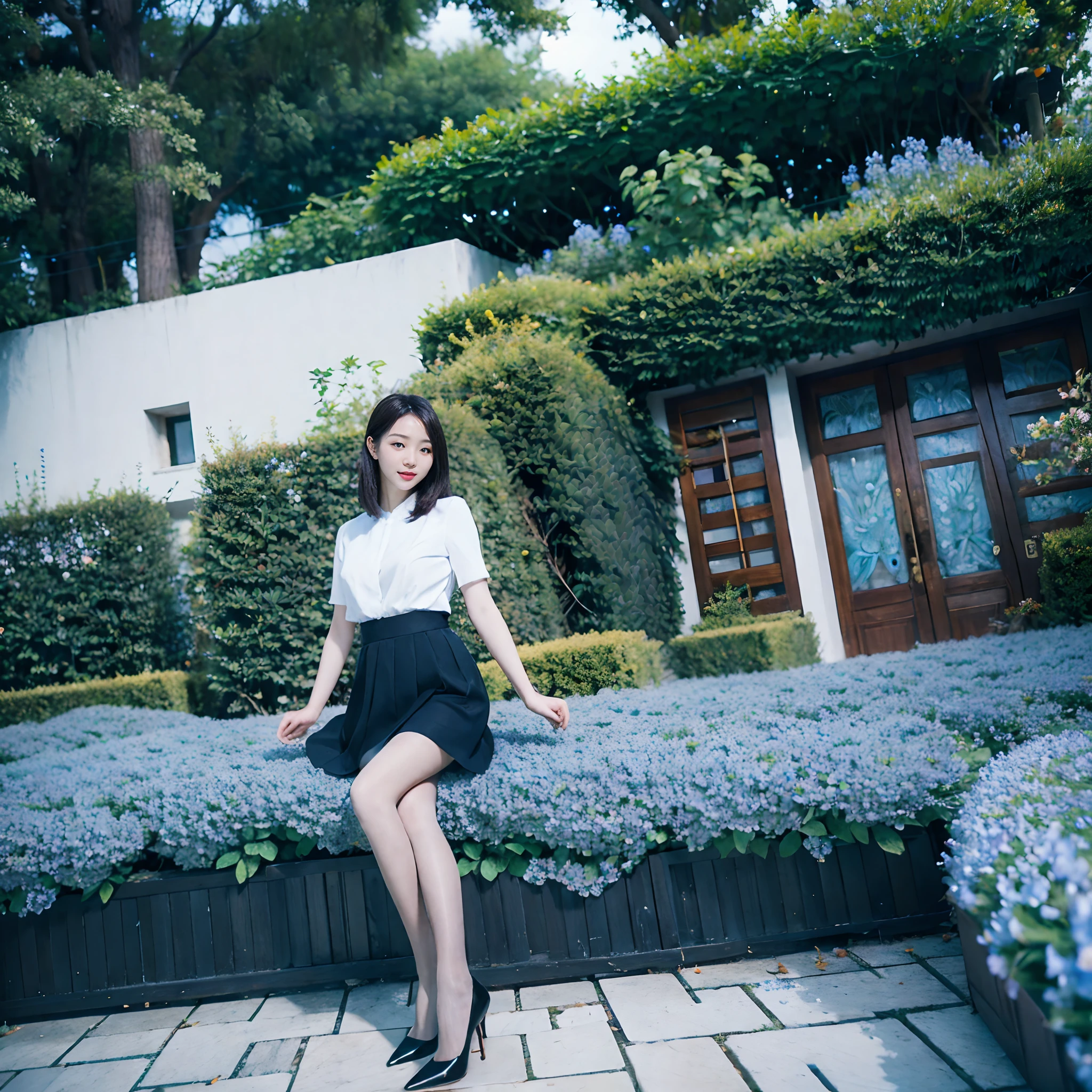 In the fragrant garden, The blind girl stood, Petals encountered,Connected to nature and sweet blue flowers.Flesh-colored pantyhose，High heels
