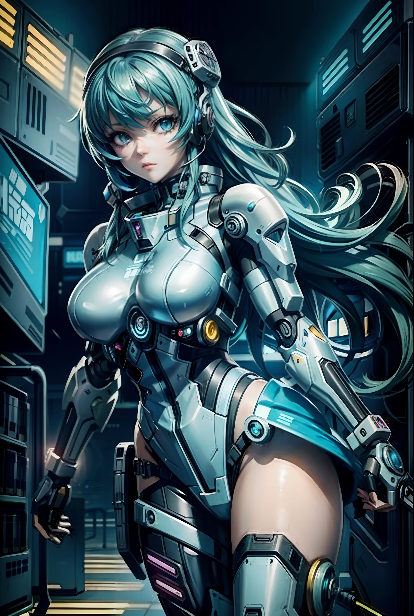 anime girl with futuristic headset and futuristic set, blue hair, digital cyberpunk anime art, cyberpunk anime girl mecha, digital cyberpunk - anime art, perfect anime cyborg woman, beautiful girl cyborg, cyborg girl, female cyberpunk anime girl, cyberpunk anime girl, cute cyborg girl, mecha network armor girl, anime cyberpunk art, cyborg - girl, advanced digital cyberpunk art, cyberpunk anime art, smooth light path on the body, colorful