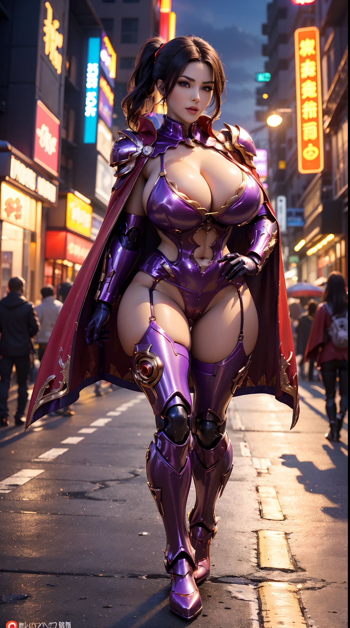 1GIRL, SOLO, (makeup, beautifull eyes, black ponytail hair, gold ornament hair), (HUGE FAKE BOOBS:1.3), (GUARD ARM, GLOVE), IMMORTAL, (black, purple, red, FUTURISTIC DRAGON MECHA ARMOR SUIT, ROYAL CAPE, CLEAVAGE, SKINTIGHT YOGA HOTPANTS, HIGH HEELS:1.5), (SEXY BODY, MUSCULAR ABS, SEXY LONG LEGS, FULL BODY:1.3), (FROM FRONT, LOOKING AT VIEWER:1), (WALKING DOWN ON STREET NIGHT CITY:1.3), PHYSICALLY-BASED RENDERING, ULTRA HIGHT DEFINITION, 8K, 1080P.