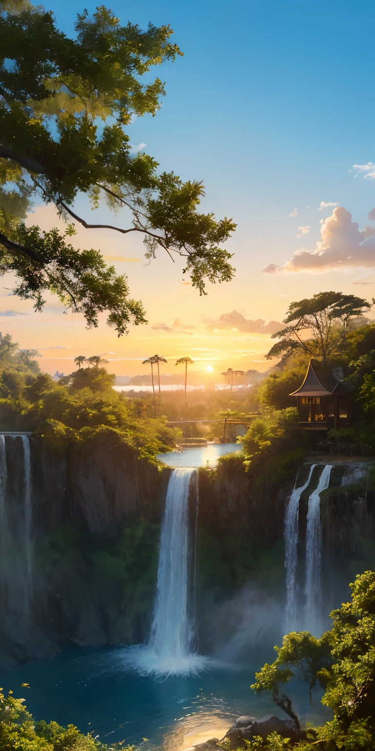 top-quality))、((masterpiece)、Big trees々Tropical Park、The sunset with the waterfall is beautiful