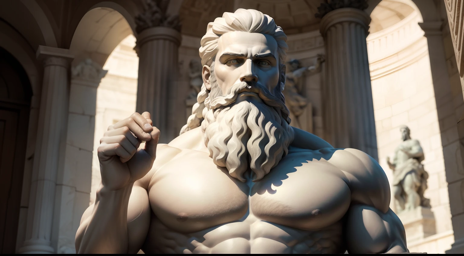 Statue of a strong man with shirtless beard, preto e branco realista, estoicismo, poses estoicas, Ancient Greece, atitude estoica, pose estoica