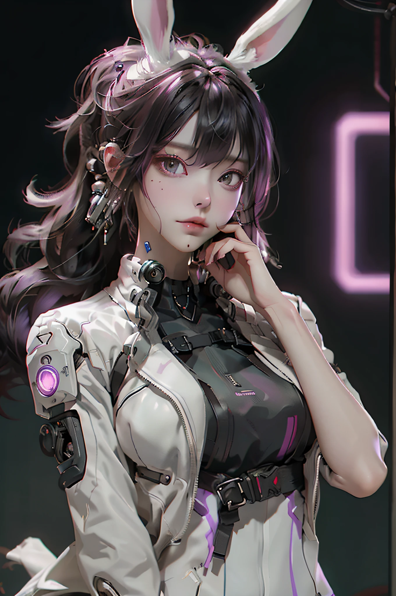 ((best qualtiy)),Cyborg style cyborg girl,Brown hair and purple,Medium Hair Hairstyles,Wear headphones in the shape of rabbit ears and a gas mask,There is a green light on the surface of the gas mask,Dressed in a white suit,The clothes have a long pink strip of light,Pink eyes,(black glove),The left hand is a mechanical prosthesis,The body is connected by wires and pipes, ((tmasterpiece)), (detaileds:1.4), 。.。.3D, A beautiful cyberpunk female image,nffsw(HighDynamicRange),Ray traching,NVIDIA RTX,Hyper-Resolution,Unreal 5,Subsurface scattering、PBR Texture、post processed、Anisotropy Filtering、depth of fields、maximum definition and sharpness、multi-layer texture、Albedo e mapas Speculares、Surface Coloring、Accurate simulation of light-material interactions、perfectly proportions、Octane Render、Cyberpunk City Night、multi-colored neon lights、Large aperture、Low ISO、White Balance、The Rule of Thirds、8K Raw、