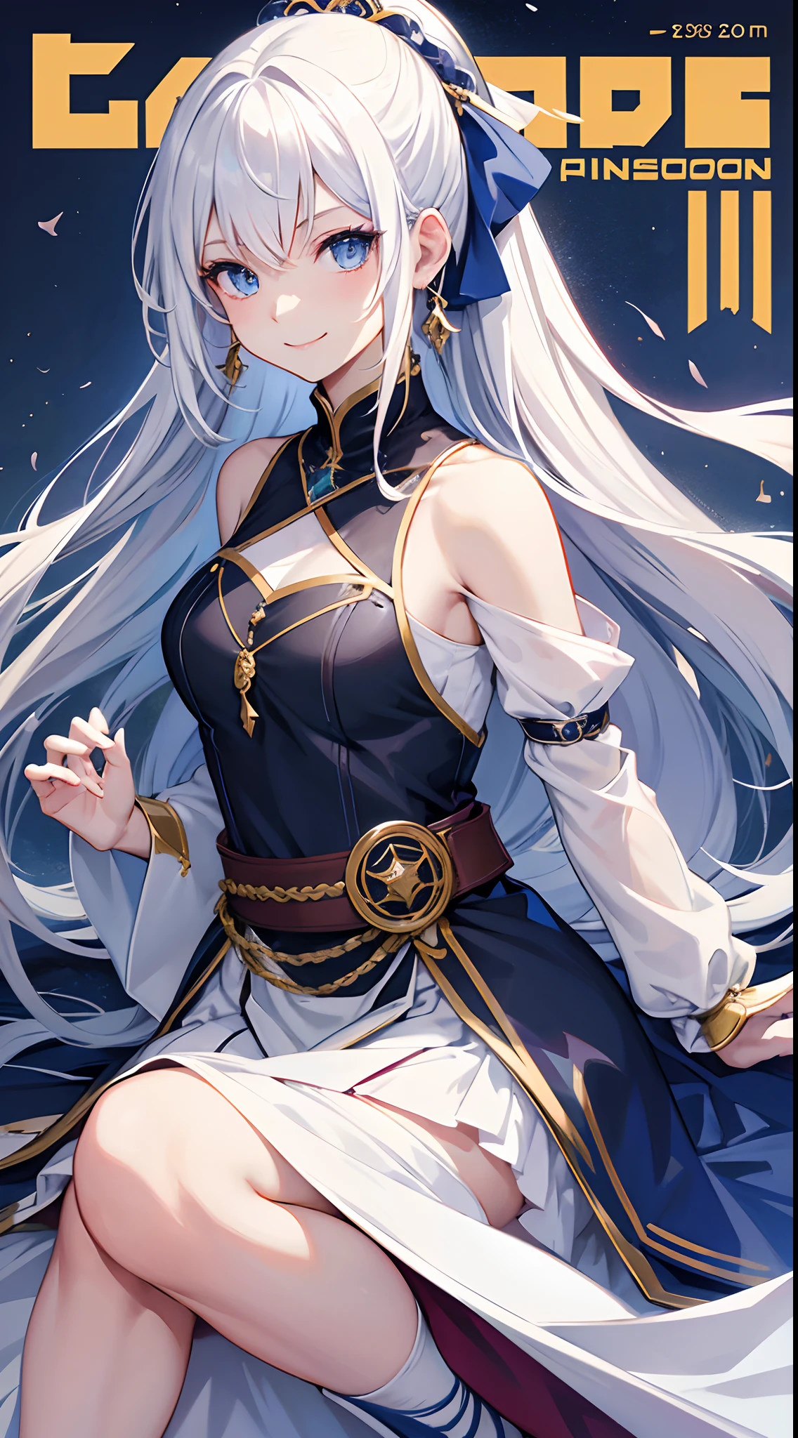Cover magazine, anime, woman, solo, long hair, white hair, blue eyes, model, beautiful, fantasy, Casual clothes. Hair accessories. Unusual hairstyles. Earrings. Smile. Cheerful. Sword.