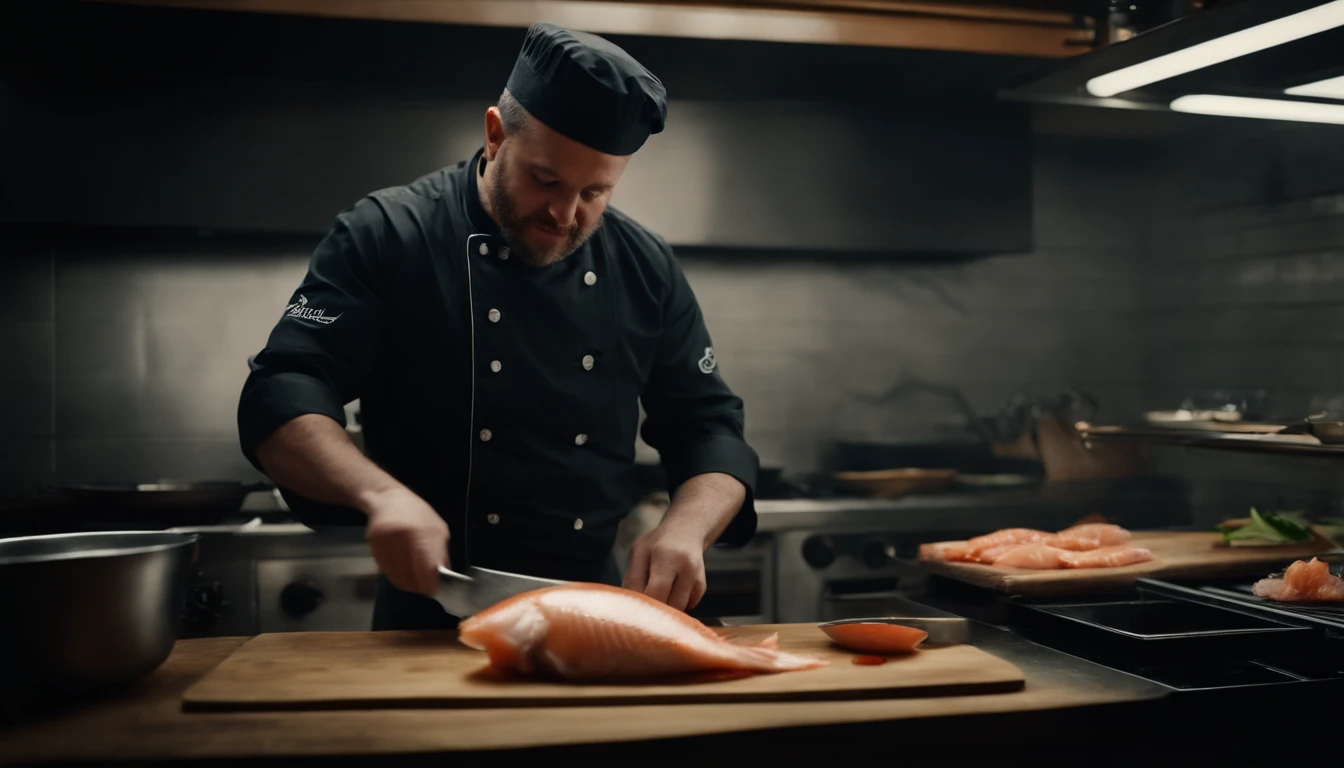 Chef cooks cut fish