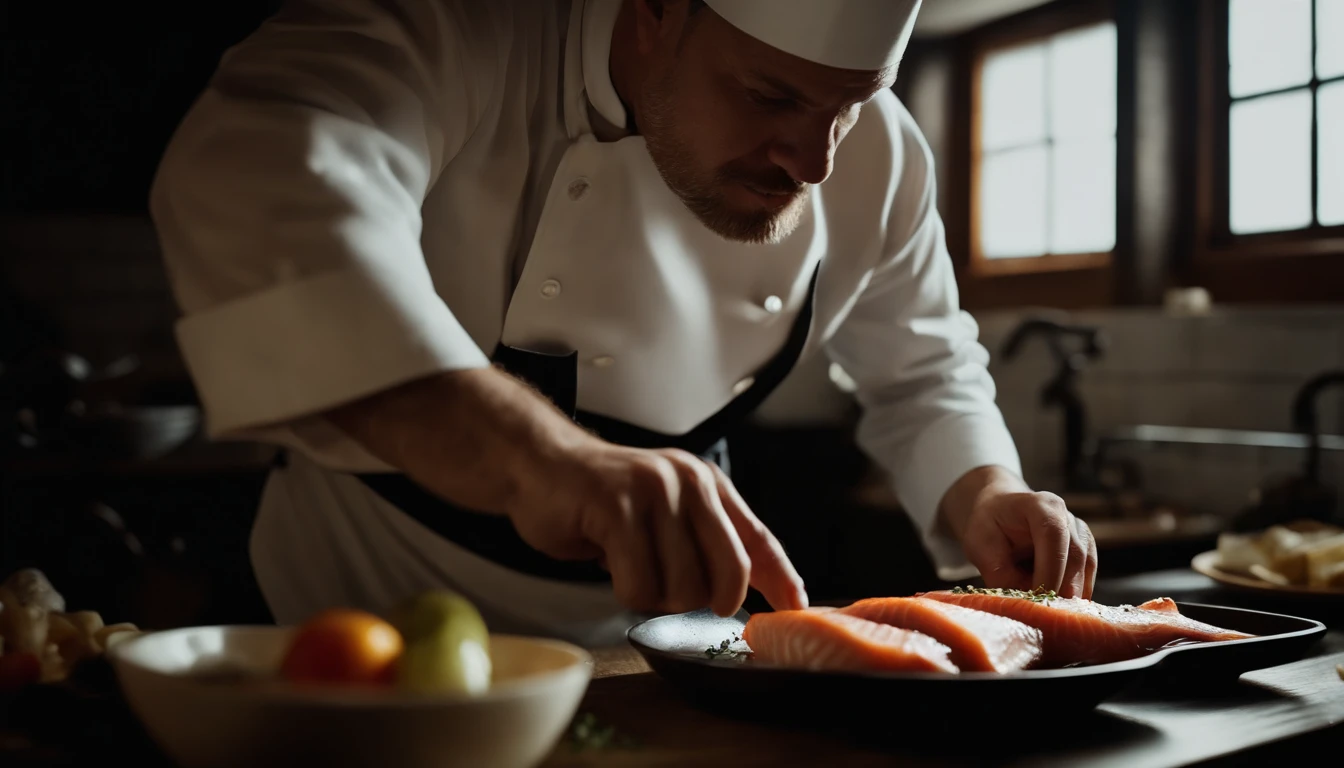 Chef cooks cut fish