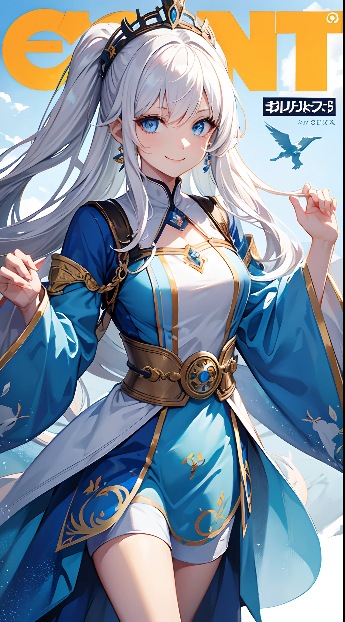 Cover magazine, anime, woman, solo, long hair, white hair, blue eyes, model, beautiful, fantasy, Casual clothes. Hair accessories. Unusual hairstyles. Earrings. Smile. Cheerful. Sword.
