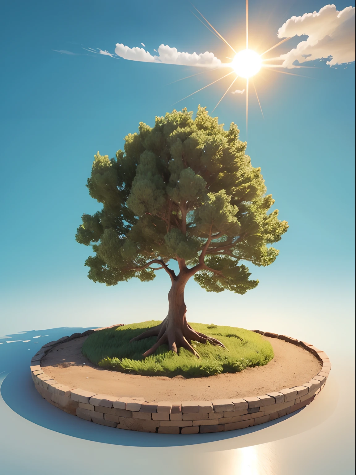 Cartoon style illustration. 3d, one tree, Sun behind the tree, nuvens. fundo branco. Paleta de cores suave.