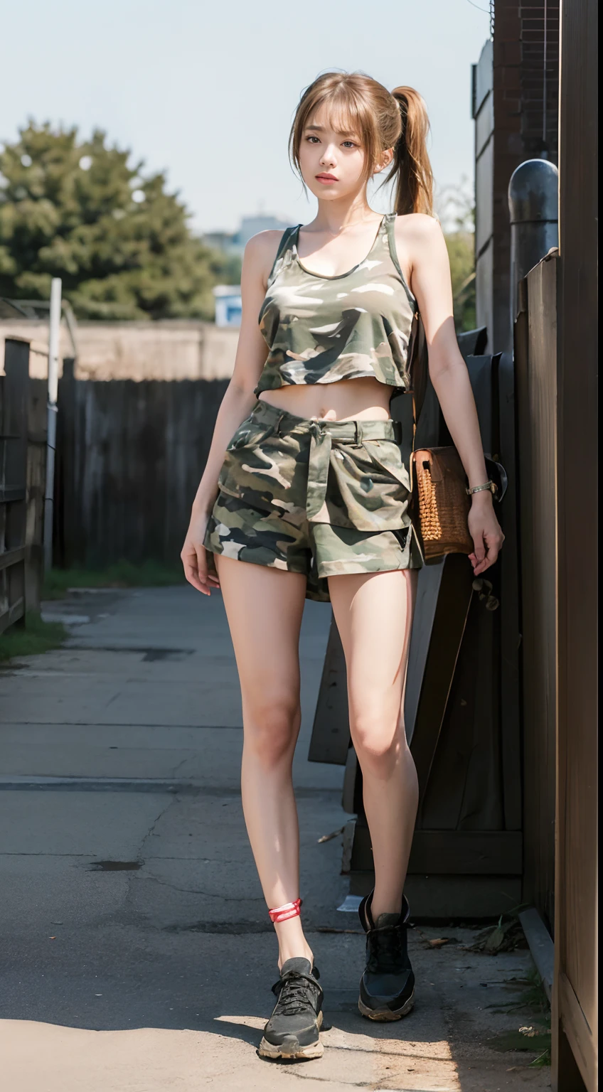 ((Finest quality)),(超A high resolution),(ultra-detailliert),sharpnes,Clair,Art with astounding depictions,(full body seen), (1人の女性,flaxen ponytail,perspiring,Dirty body:1.2,),Camouflage pattern tank top,Crisp face