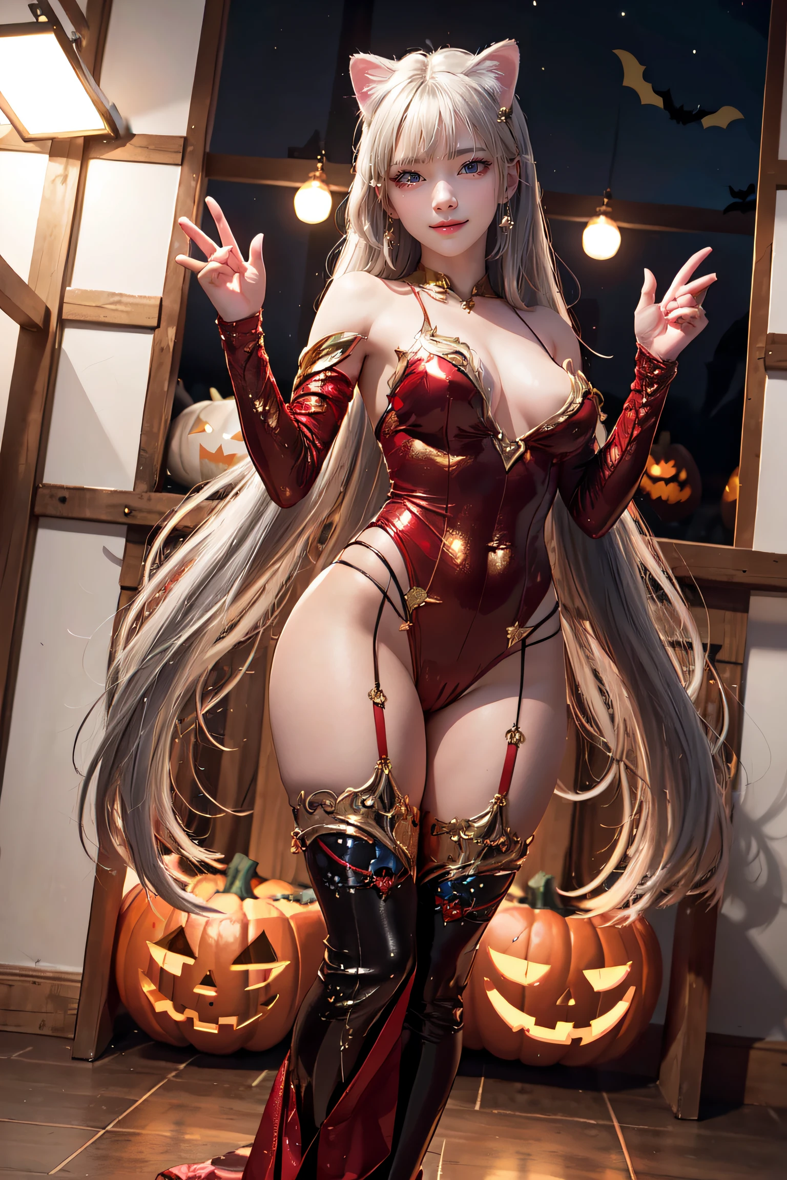 masterpiece, top-quality, top-quality, Beautifully Aesthetic:1.2, 1girl, Halloween night, ((Wearing a Blue with Silver and Gold classy cat costume)), high detailed, ((Red eyes:1.8)), (all fours with cat pose:1.1), large breasts, firm breast, nicely shaped breasts, slender figure, 
((Gray hair, Red colored inner hair)), wavy hair, (medium long hair:1.2), (asymmetrical bangs:1.2),
in the Halloween party venue at late night, (Full body shot:1.1), (From below:1.1),