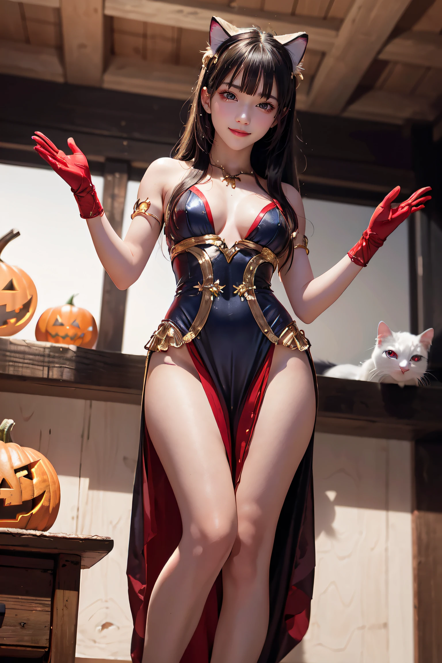 masterpiece, top-quality, top-quality, Beautifully Aesthetic:1.2, 1girl, Halloween night, ((Wearing a Blue with Silver and Gold classy cat costume)), high detailed, ((Red eyes:1.8)), (all fours with cat pose:1.1), large breasts, firm breast, nicely shaped breasts, slender figure, 
((Gray hair, Red colored inner hair)), wavy hair, (medium long hair:1.2), (asymmetrical bangs:1.2),
in the Halloween party venue at late night, (Full body shot:1.1), (From below:1.1),