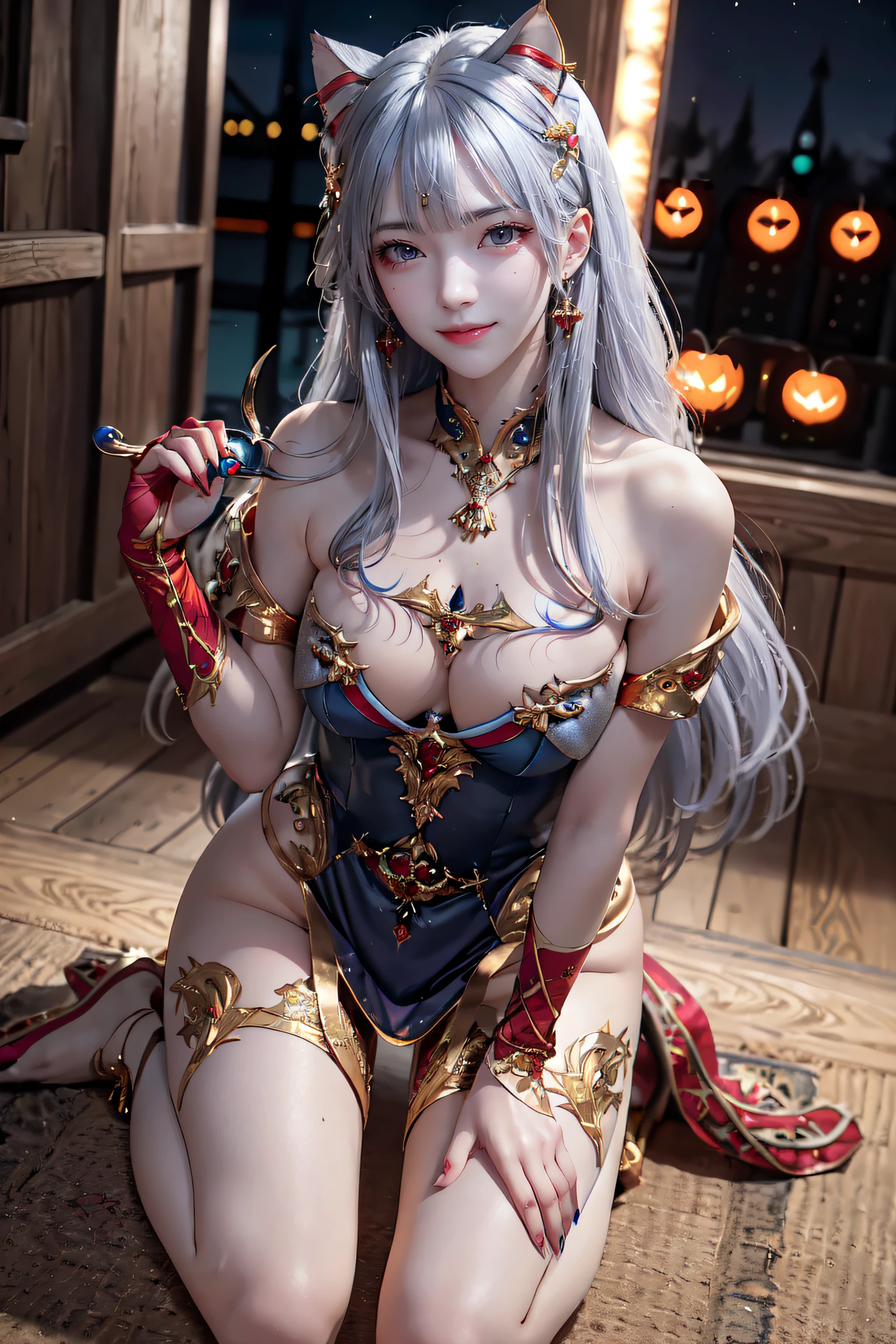 masterpiece, top-quality, top-quality, Beautifully Aesthetic:1.2, 1girl, Halloween night, ((Wearing a Blue with Silver and Gold classy cat costume)), high detailed, ((Red eyes:1.8)), (kneeling with cat pose:1.1), large breasts, firm breast, nicely shaped breasts, slender figure,
((Gray hair, Red colored inner hair)), wavy hair, (medium long hair:1.2), (asymmetrical bangs:1.2),
in the Halloween party venue at late night, (Full body shot:1.1), (From below:1.1),