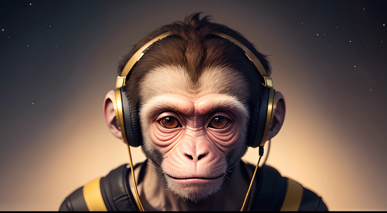 Monkey with a headset on it head, inspiring, more monkey features, golden ratio, fibbonacci, masterpiece, universe, artwork, mysterious