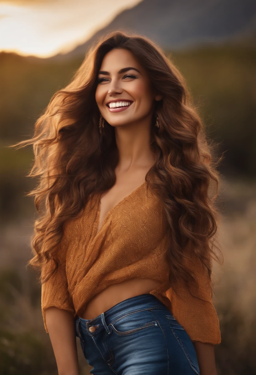 Beautiful woman with a big smile, Wavy brown hair, Ultrarealistic,