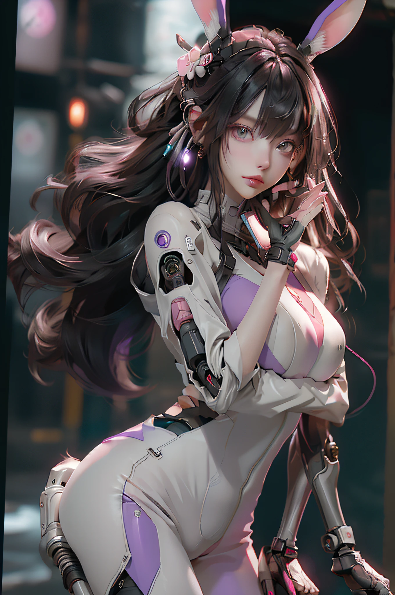 (Theme colorPink)、((best qualtiy)),Cyborg style cyborg girl,Brown hair and purple,Medium Hairstyles,Wear headphones in the shape of rabbit ears and a gas mask,There is a green light on the surface of the gas mask,Dressed in a white suit,The clothes have a long pink strip of light,Pink eyes,(black glove),The left hand is a mechanical prosthesis,The body is connected by wires and pipes, ((tmasterpiece)), (detaileds:1.4), 。.。.。.3D, A beautiful cyberpunk female image,nffsw(HighDynamicRange),Ray traching,NVIDIA RTX,Hyper-Resolution,Unreal 5,Subsurface scattering、PBR Texture、post processed、Anisotropy Filtering、depth of fields、maximum definition and sharpness、multi-layer texture、Albedo e mapas Speculares、Surface Coloring、Accurate simulation of light-material interactions、perfectly proportions、Octane Render、Cyberpunk City Night、multi-colored neon lights、Large aperture、Low ISO、White Balance、The Rule of Thirds、8K Raw、