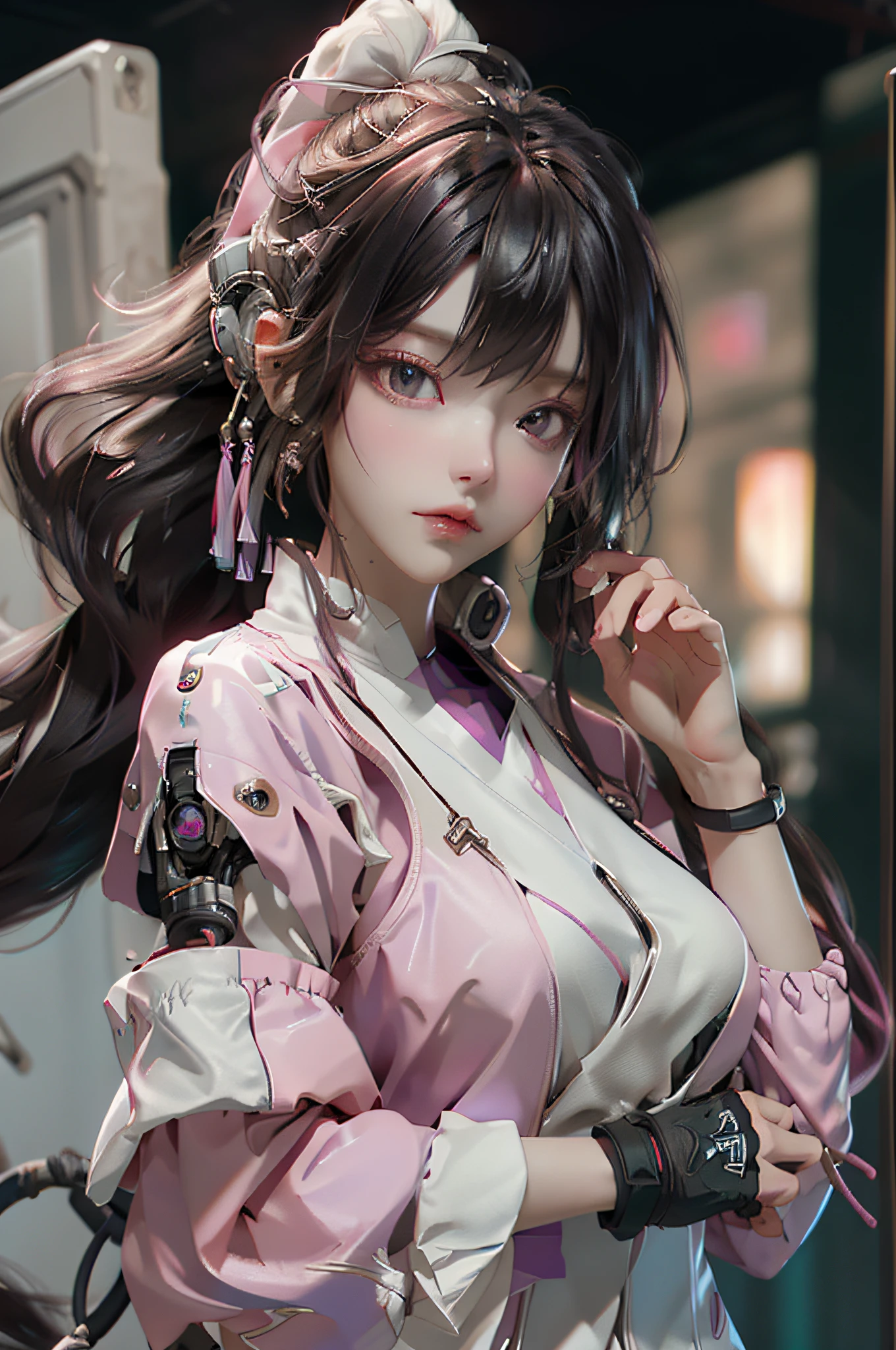 (Theme colorPink)、((best qualtiy)),Cyborg style cyborg girl,Brown hair and purple,Medium Hairstyles,Wear headphones in the shape of rabbit ears and a gas mask,There is a green light on the surface of the gas mask,Dressed in a white suit,The clothes have a long pink strip of light,Pink eyes,(black glove),The left hand is a mechanical prosthesis,The body is connected by wires and pipes, ((tmasterpiece)), (detaileds:1.4), 。.。.。.3D, A beautiful cyberpunk female image,nffsw(HighDynamicRange),Ray traching,NVIDIA RTX,Hyper-Resolution,Unreal 5,Subsurface scattering、PBR Texture、post processed、Anisotropy Filtering、depth of fields、maximum definition and sharpness、multi-layer texture、Albedo e mapas Speculares、Surface Coloring、Accurate simulation of light-material interactions、perfectly proportions、Octane Render、Cyberpunk City Night、multi-colored neon lights、Large aperture、Low ISO、White Balance、The Rule of Thirds、8K Raw、