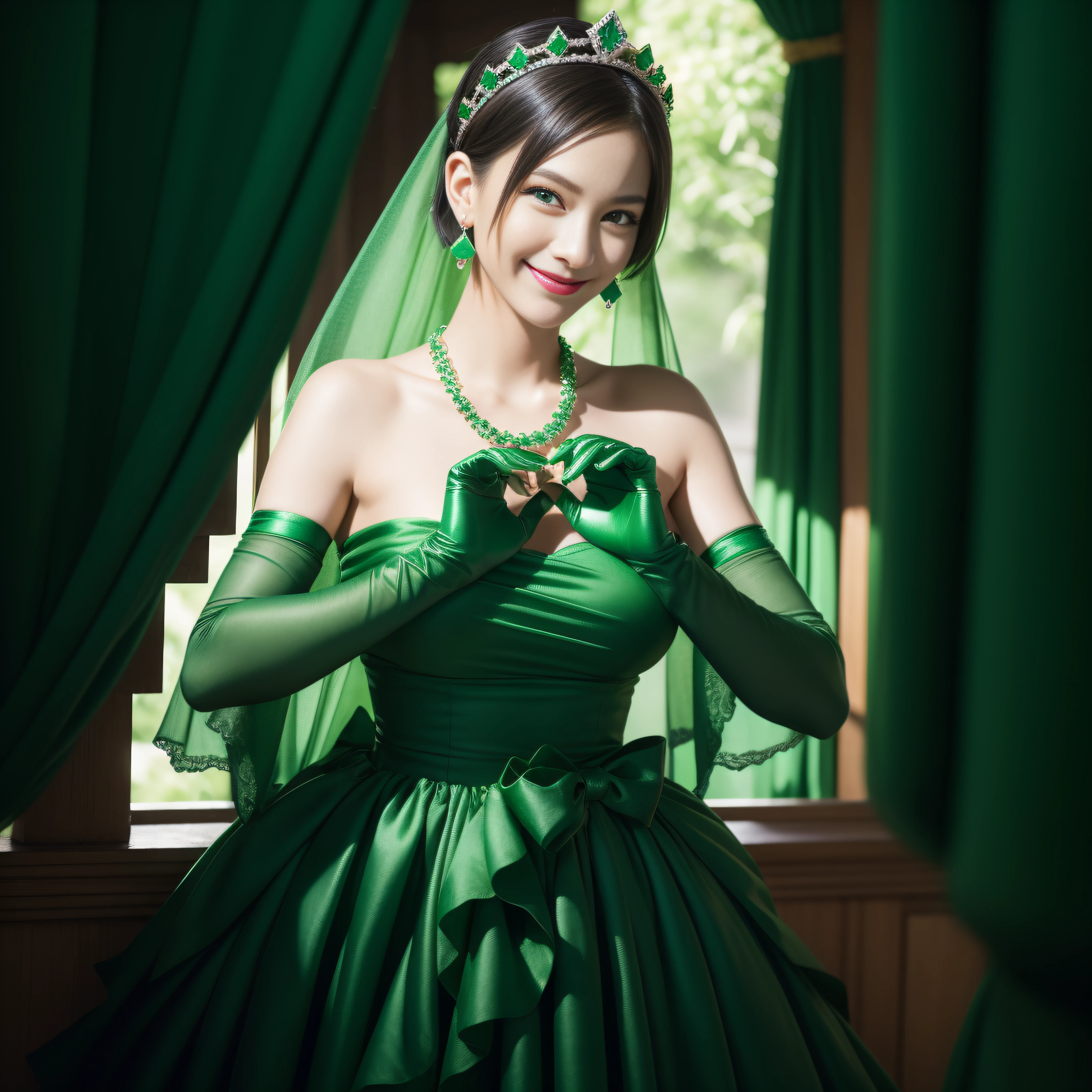 emerald tiara, Green Pearl Necklace, Boyish very short green hair, lipsticks, Japan woman smiling, very short short hair,  big breasts beautiful, Green eyes, Long green gloves made of satin material, Green eyes, Emerald Earrings, green vale, Heart with both hands