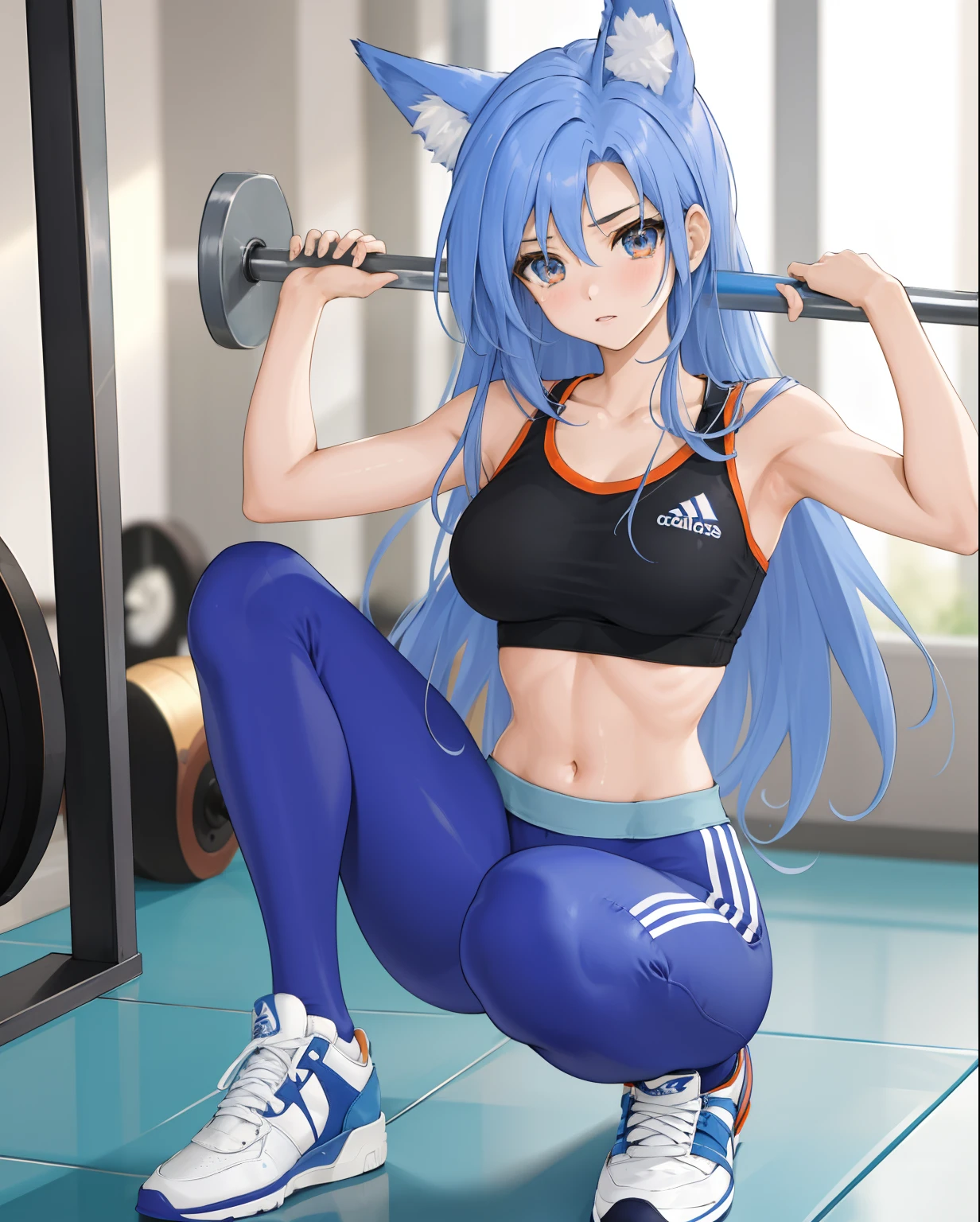 chaesu-minah, 1girl, solo, light blue sports bra, leggings, tight pants, athletic body, sneakers, adidas sneakers, blue eyes, blue hair, 8k, high resolution, shallow depth of field, high detai, at the gym, masterpiece, best quality, highly detailed, fox girl, fox ears, fluffy blue fox tail,