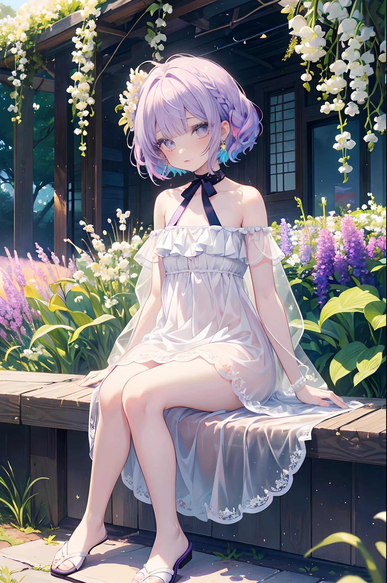 (masterpiece, best quality, thicker lines, Sharp focus:1.25), (((full body shot, sitting))), (1girl, petite, flat chest, pale skin:1.3), (blunt bangs, lavender bob cut:1.3), (slanted violet sparkling eyes, long lavender eyelashes, lips:1.1), (flower earrings:1.1), (thick eyeliner, lilac eyeshadow, lips:1.1), (floral lace chemise dress:1.23), (scenery, day, garden, wisteria, lily of the valley, glitter:1.2), (glowify:1.1), Korean webtoon girl, big eyes, ombre lipstick, cute face, oval face, colored hair, curly hair, straight hair, (butterfly style), add_detail:0.5, add_detail:1, add_detail:1, add_detail:0, add_detail:2, InkAnime, COLORFULMIX, MULTICOLORED HAIR, WAVY HAIR, mksks, pastel colors, kawaii, cute, colorful, colored eyelashes, white eyelashes, kahuka1
