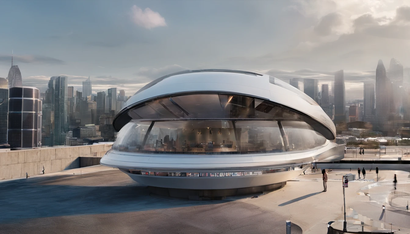 What photography,Ultra photo realsisim,Hyper-detailing,Ultra-wide-angle picture,24th century,sci fi city,and the sun was shining brightly,Tech City of the Future,Oval building,Suspended circular aircraft,Roads that lead in all directions,highly detailed surreal vfx,Smudge,Faraway view,super-fine,ultra - detailed,high qulity,8K ,oc rendered,dynamic viewing angle