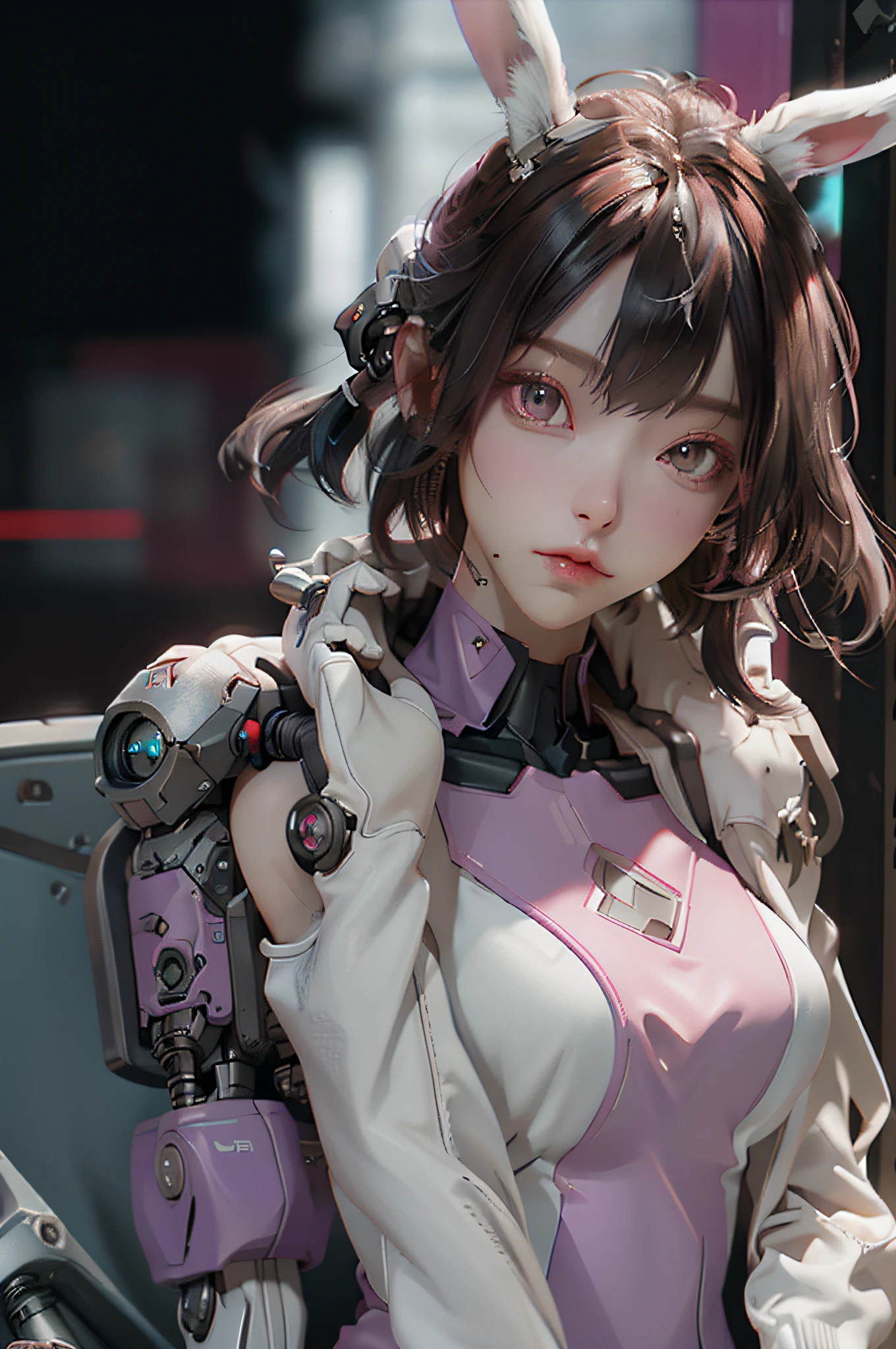 （Theme colorPink）、((best qualtiy)),Cyborg style cyborg girl，Brown hair and purple，Short hairstyles，Wear headphones in the shape of rabbit ears and a gas mask，There is a green light on the surface of the gas mask，Dressed in a white suit，The clothes have a long pink strip of light，Pink eyes，（black glove），The left hand is a mechanical prosthesis，The body is connected by wires and pipes， ((tmasterpiece)), (detaileds:1.4), 。.。.。.。.3D, A beautiful cyberpunk female image,nffsw（HighDynamicRange）,Ray traching,NVIDIA RTX,Hyper-Resolution,Unreal 5,Subsurface scattering、PBR Texture、post processed、Anisotropy Filtering、depth of fields、maximum definition and sharpness、multi-layer texture、Albedo e mapas Speculares、Surface Coloring、Accurate simulation of light-material interactions、perfectly proportions、Octane Render、Cyberpunk City Night、multi-colored neon lights、Large aperture、Low ISO、White Balance、The Rule of Thirds、8K Raw、