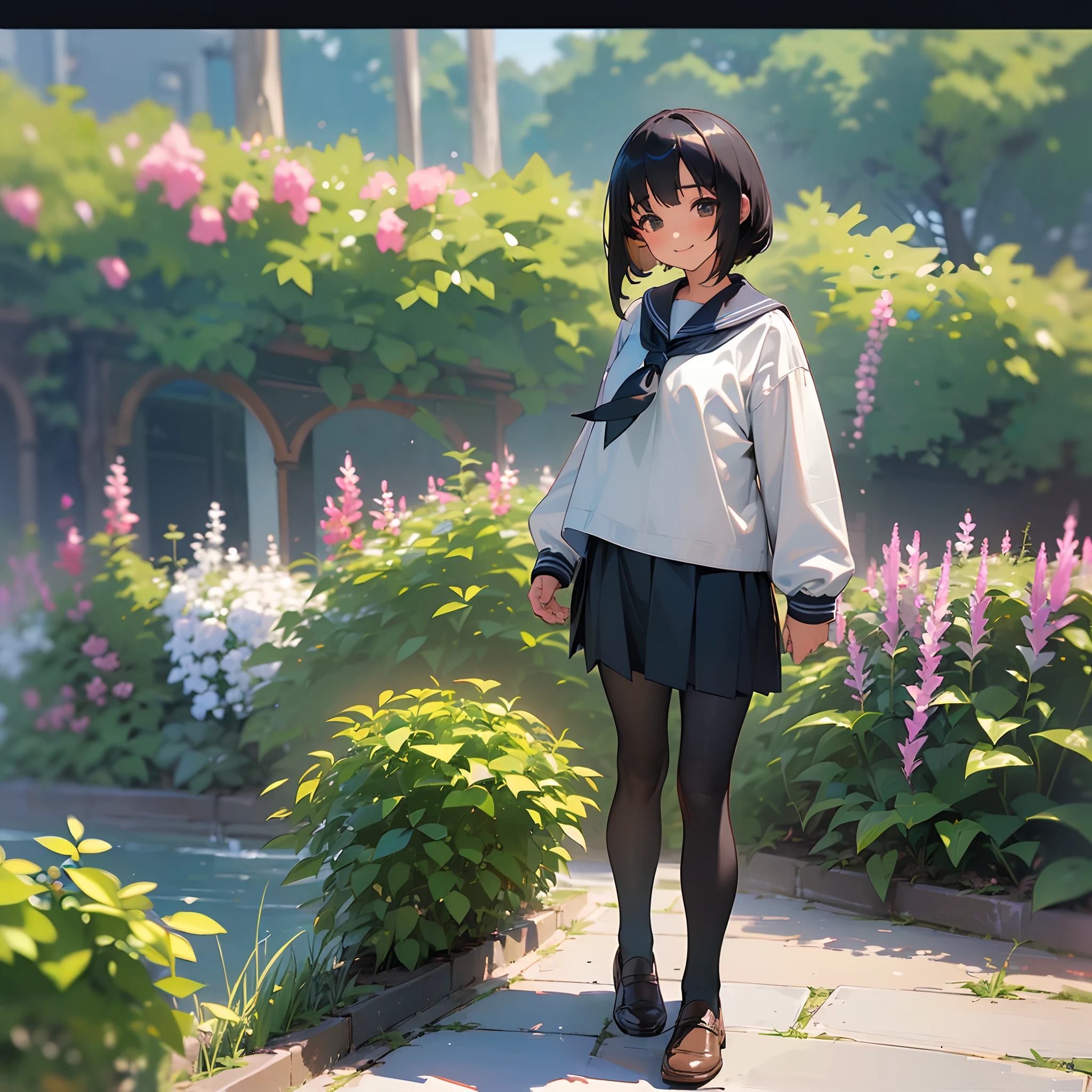 (Best Quality, hight resolution, Ultra-detailed, Realistic:1.37), peaceful ambiance, (plein air, garden), age girl standing alone, Beautiful detailed features, Cute smile, ((Black bob hair)),Navy blue sailor suit, Pleated skirt,Black tights,Brown leather shoes.