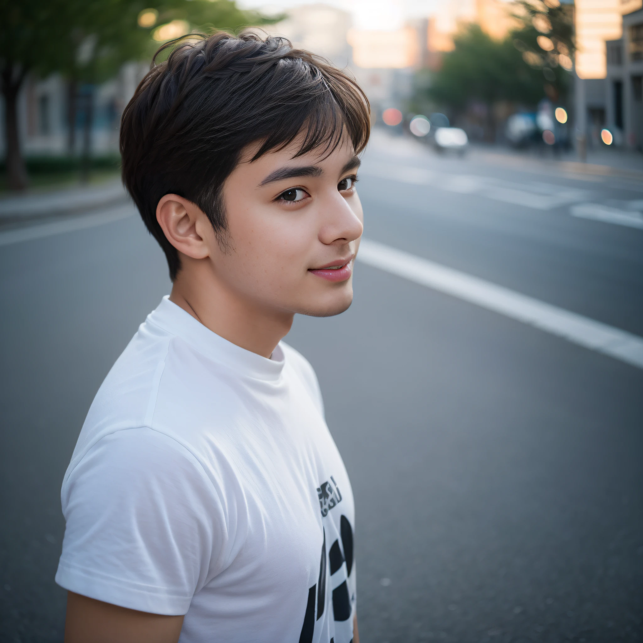 Raw photography, 1boy, Male Focus, Topless young man, hair messy, Looking at Viewer, in a street, Beautiful lighting, deepshadow, Best Quality, masutepiece, Ultra-high resolution, Photorealsitic, Blurry background、white t-shirts、Upper body 0.5，vividness, ((​masterpiece, top-quality, ultra-detailliert, ciinematic light, intricate detailes, hight resolution, 8K, ighly detailed)),detailedbackground, 8K UHD, Digital SLR, Soft lighting, hightquality, film grains, FujifilmXT3, Shallow depth of field, natural soft light, (perfect hand)、face perfect、（a smile、Looking at the camera）