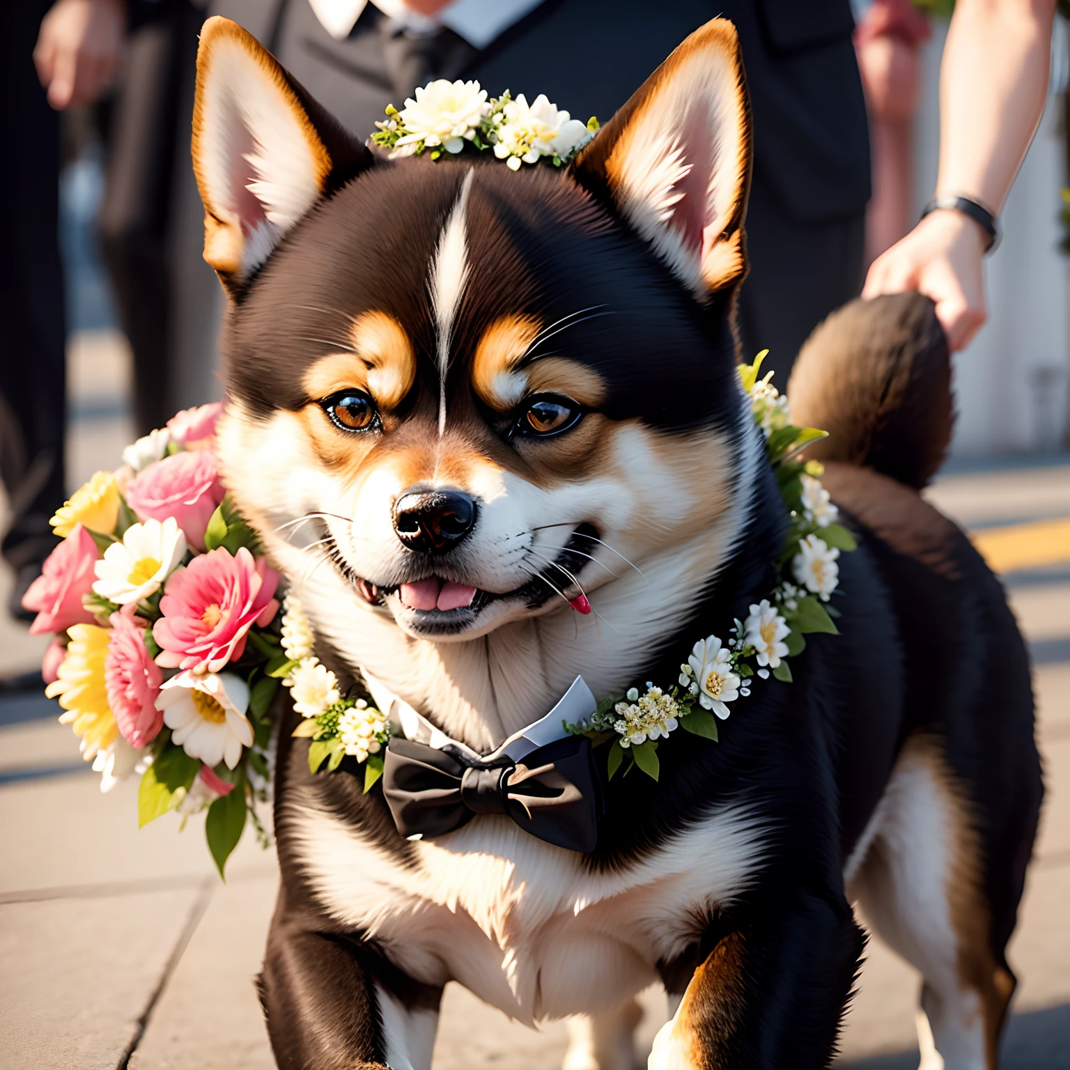 shiba inu dog carrying flowers in mouth at wedding, wearing black tie, flower girl, wearing flower braid, hyper realistic