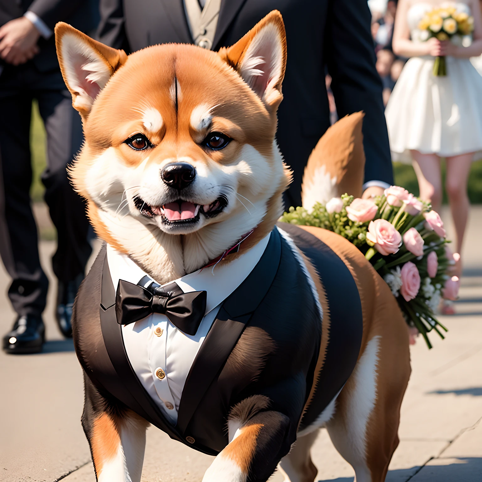 shiba inu dog carrying flowers in mouth at wedding, wearing black tie, flower girl, hyper realistic