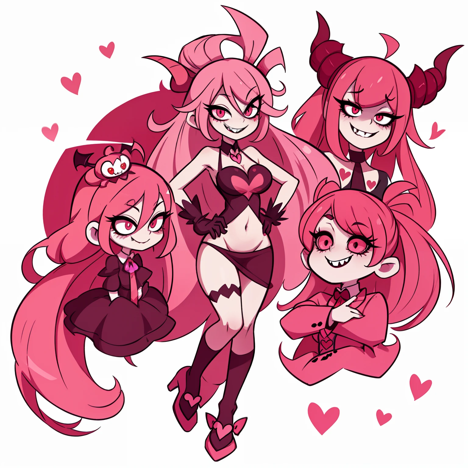 Hazbin Hotel style demon, long pink hair, heart eyes, insane smile, full body, cross on her chest