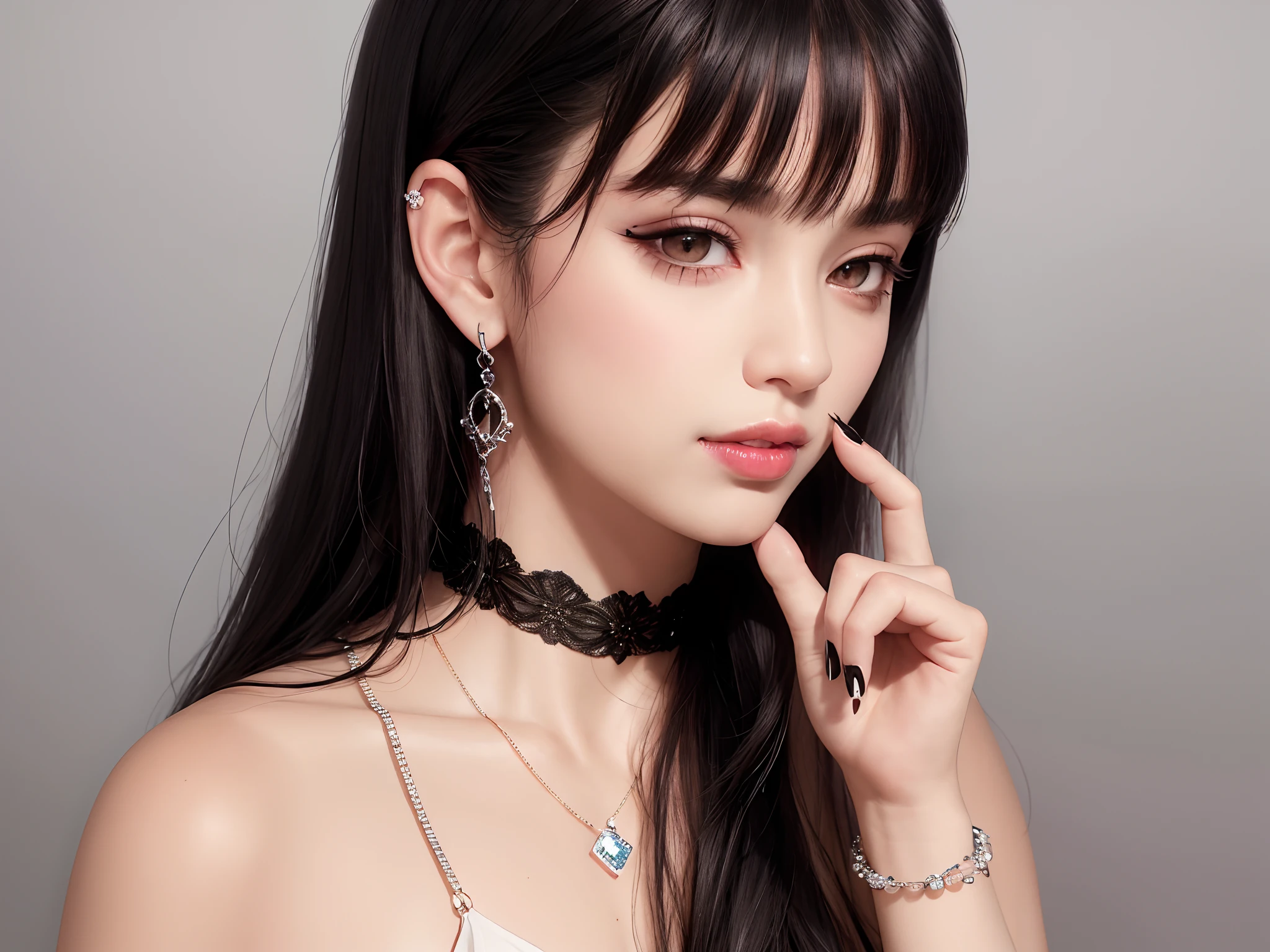 masterpiece,best quality,ultra-detailed,8K,detailed light,detailed shadow,RAW, (detailed skin),(realistic:1.2),
1girl,face,
pilyeon, black nails, jewelry, Long hair, looking at viewer, choker, necklace,piercing, white background, heart, closed mouth, grey eyes, nail polish, simple background, black hair, ear piercing, black choker, smile, eyelashes, lips, hand on own cheek, bangs, bracelet, beads, gem, earrings, fingernails