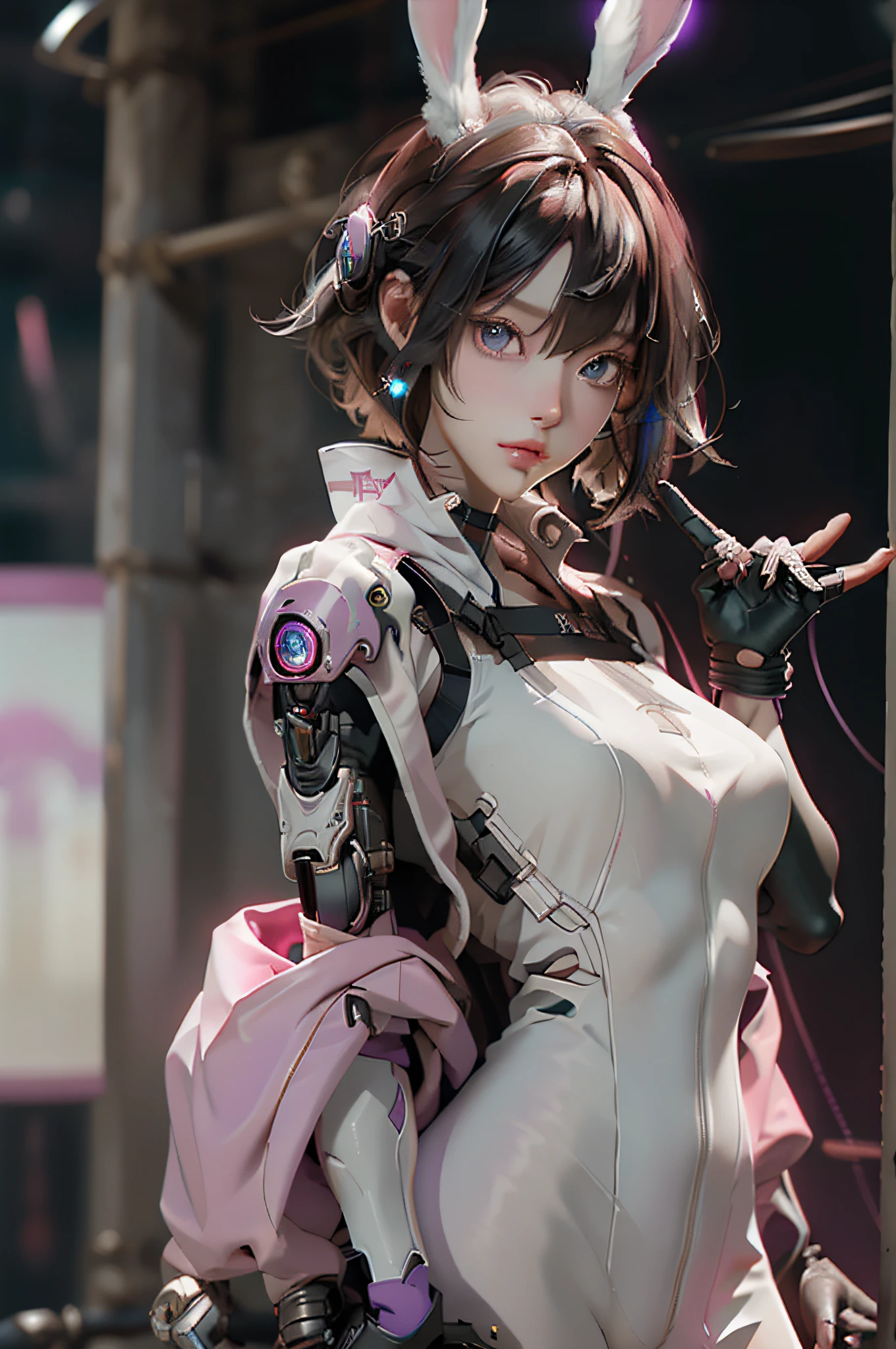 （Theme colorPink）、((best qualtiy)),Cyborg style cyborg girl，Brown hair and purple，Short hairstyles，Wear headphones in the shape of rabbit ears and a gas mask，There is a green light on the surface of the gas mask，Dressed in a white suit，The clothes have a long pink strip of light，Pink eyes，（black glove），The left hand is a mechanical prosthesis，The body is connected by wires and pipes， ((tmasterpiece)), (detaileds:1.4), 。.。.。.。.。.3D, A beautiful cyberpunk female image,nffsw（HighDynamicRange）,Ray traching,NVIDIA RTX,Hyper-Resolution,Unreal 5,Subsurface scattering、PBR Texture、post processed、Anisotropy Filtering、depth of fields、maximum definition and sharpness、multi-layer texture、Albedo e mapas Speculares、Surface Coloring、Accurate simulation of light-material interactions、perfectly proportions、Octane Render、Cyberpunk City Night、multi-colored neon lights、Large aperture、Low ISO、White Balance、The Rule of Thirds、8K Raw、