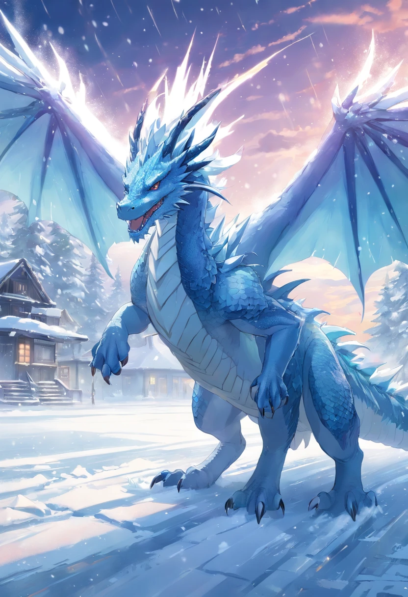 （in style of ghibli），snow mountains，Giant monster（Dinosaur skeleton shape）full bodyesbian，Spread your huge wings，with light glowing，The sky is purple starry，High quality details，tmasterpiece，best qualtiy，（Super delicate CG unified 8K wallpaper），realistic illumination，-v6.