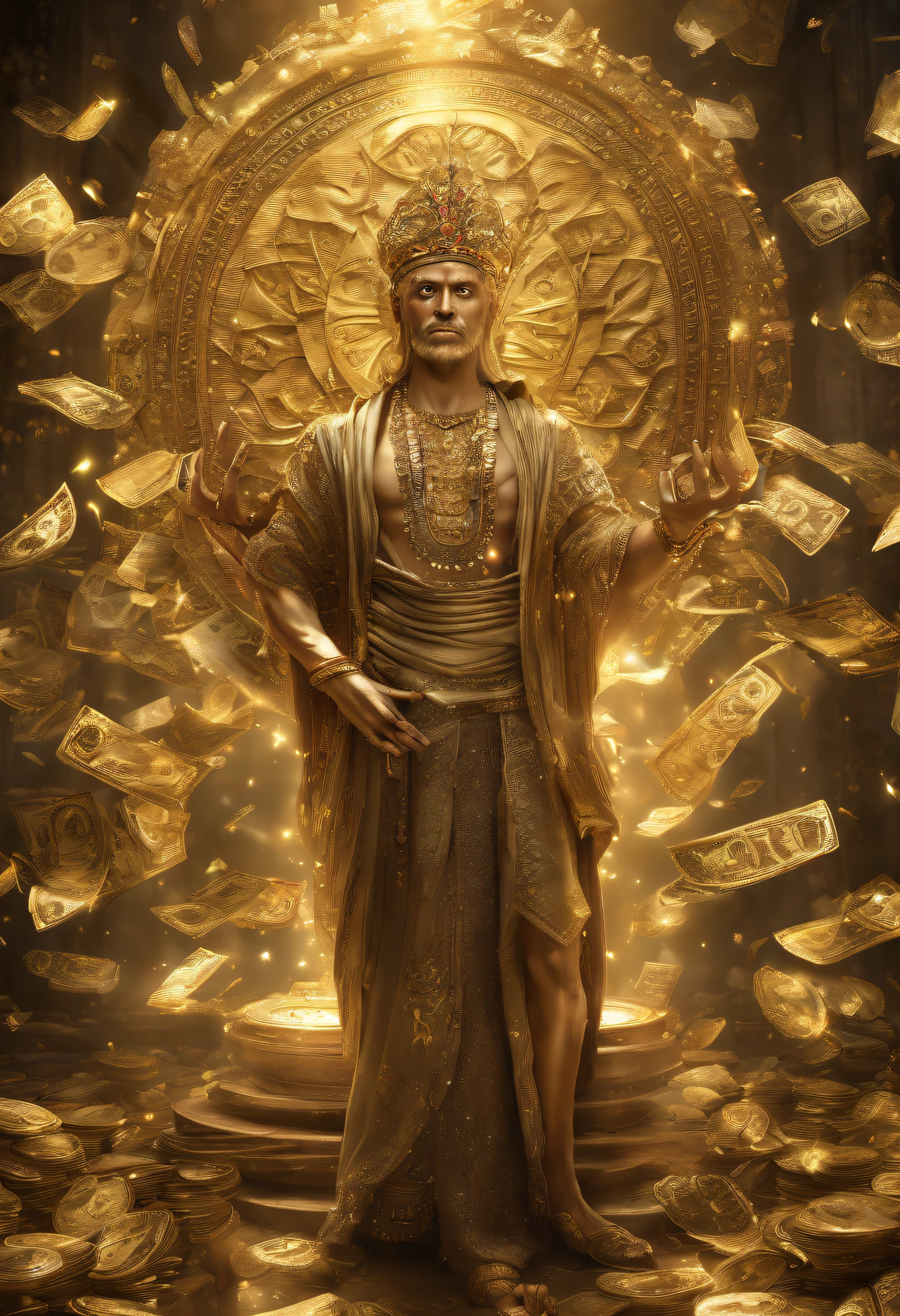 (best quality,4k,8k,highres,masterpiece:1.2),ultra-detailed,(realistic,photorealistic,photo-realistic:1.37), HDR, shiny gold, sparkling, opulent, magnificent, regal, lavish, golden reflections, exquisite craftsmanship, intricate details, radiant, glistening, luxurious, dazzling diamonds, extravagant, mesmerizing, golden aura, wealth overflowing, abundance, prosperity, riches, opulence, fortune, prosperity, richness, luck, magical, sorcerer, enchanting, mesmerizing, bewitching, captivating, powerful, dominating, mystical, alluring, hypnotizing, spellbinding, dynamic, energetic, charismatic, captivating, dominant, money raining, activating, lucky charm, fortune bringer, money magnet, treasure, abundance generator, king of wealth, dominant figure, magical powers, golden glow, mystical atmosphere.