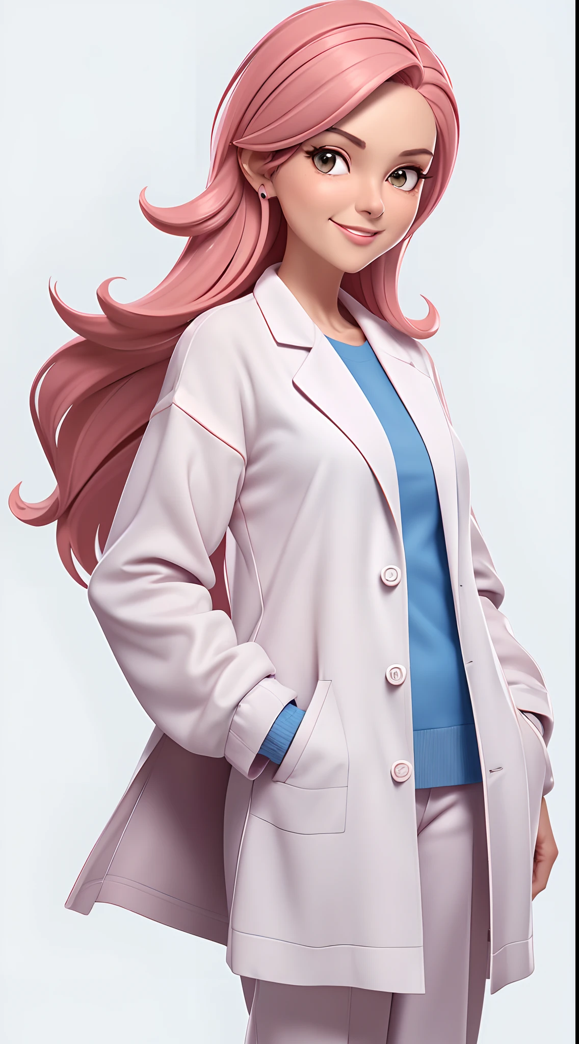 1Lady Doctor Solo, /(Labcoat Sweater Pants/), Mature female, /(cabelos VERMELHOS s/), blush sorriso gentil, (obra-prima de melhor qualidade:1.3) Ultra-detailed delicate illustration , /(Corredor do hospital/)