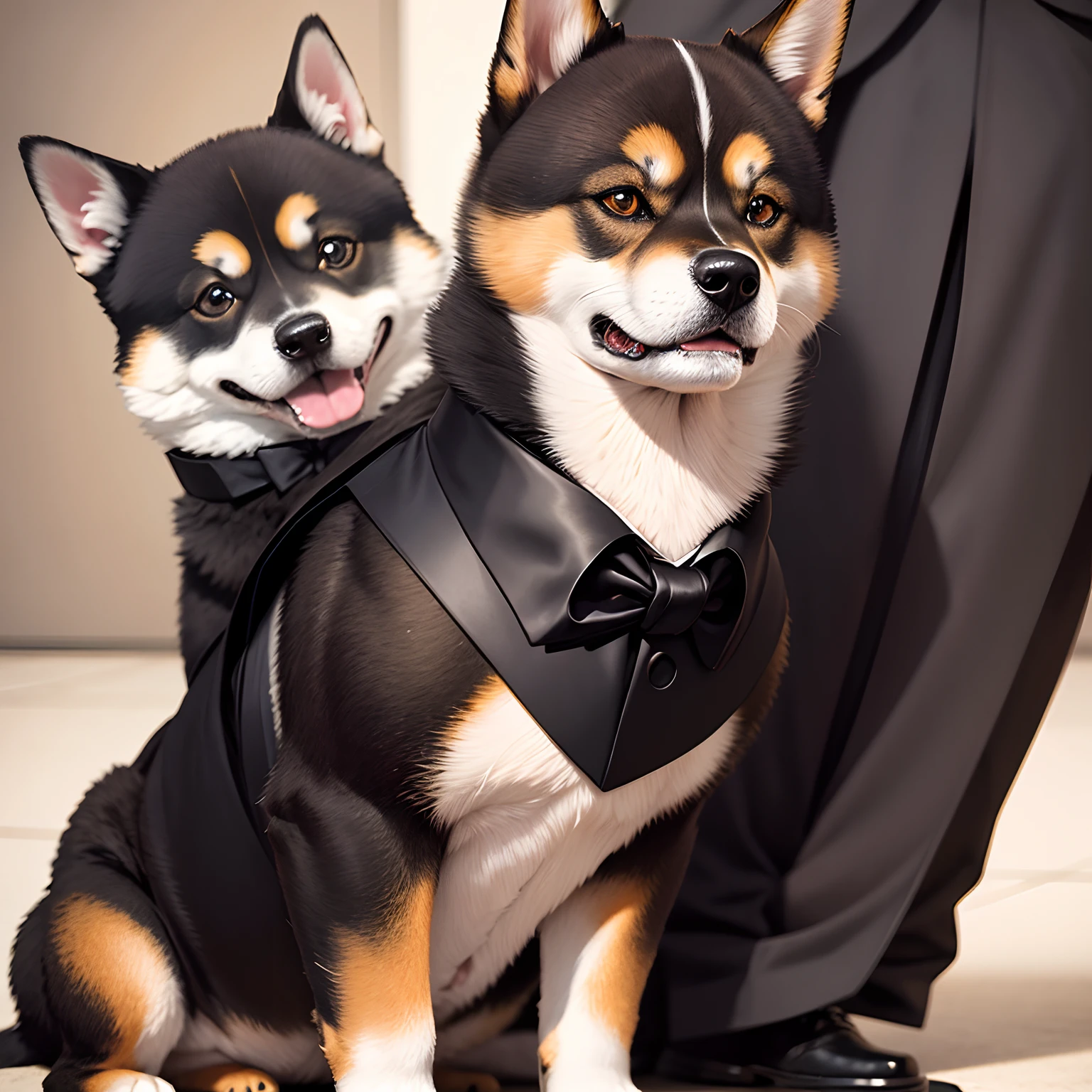 shiba inu dog, black eyes, a dog sitting down,smile, wearing a black suit, black tie, hyper realistic