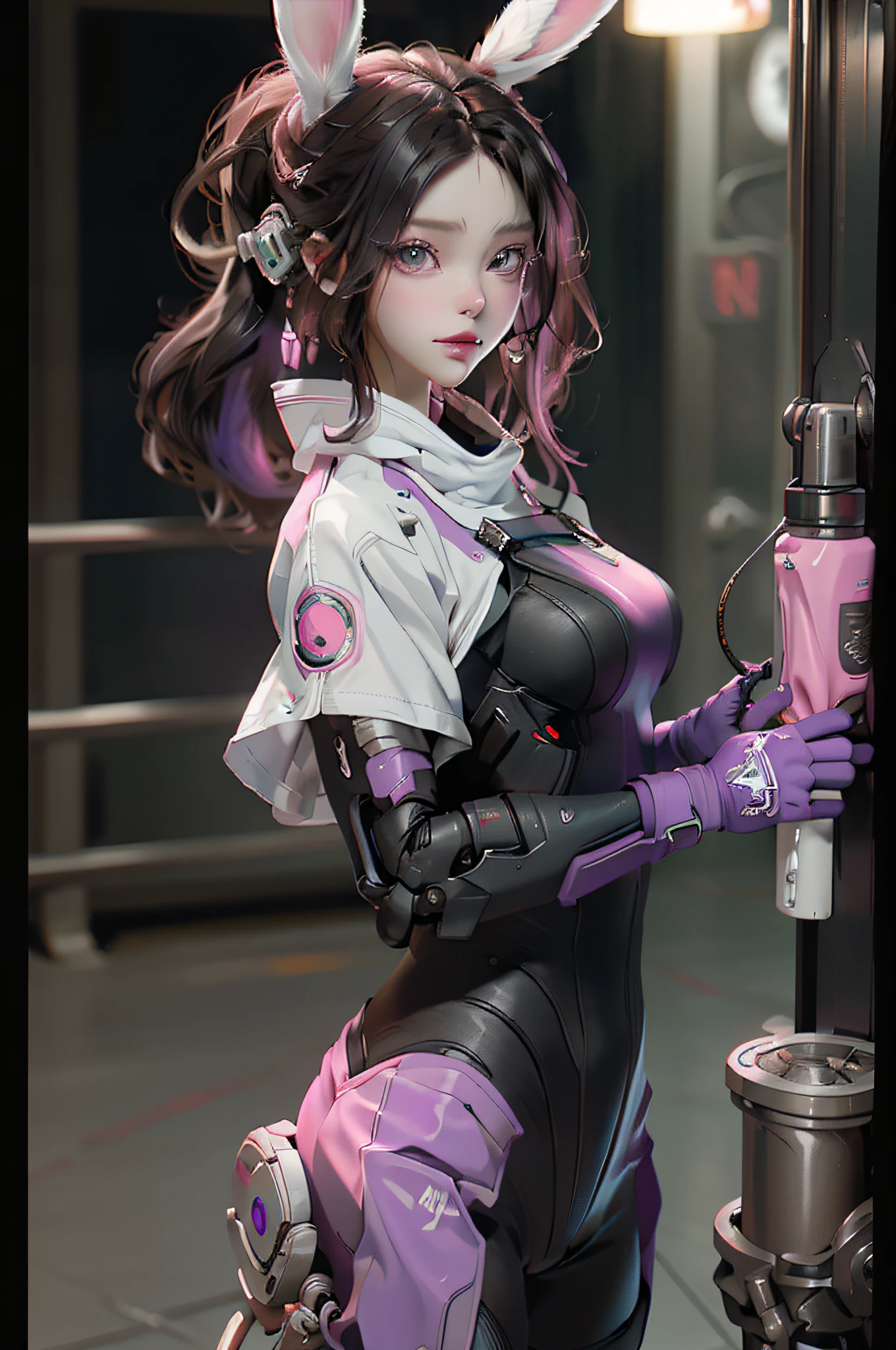 （Theme colorPink）、((best qualtiy)),Cyborg style cyborg girl，Brown hair and purple，up do hairstyle，Wear headphones in the shape of rabbit ears and a gas mask，There is a green light on the surface of the gas mask，Dressed in a white suit，The clothes have a long pink strip of light，Pink eyes，（black glove），The left hand is a mechanical prosthesis，The body is connected by wires and pipes， ((tmasterpiece)), (detaileds:1.4), 。.。.。.。.。.。.3D, A beautiful cyberpunk female image,nffsw（HighDynamicRange）,Ray traching,NVIDIA RTX,Hyper-Resolution,Unreal 5,Subsurface scattering、PBR Texture、post processed、Anisotropy Filtering、depth of fields、maximum definition and sharpness、multi-layer texture、Albedo e mapas Speculares、Surface Coloring、Accurate simulation of light-material interactions、perfectly proportions、Octane Render、Cyberpunk City Night、multi-colored neon lights、Large aperture、Low ISO、White Balance、The Rule of Thirds、8K Raw、