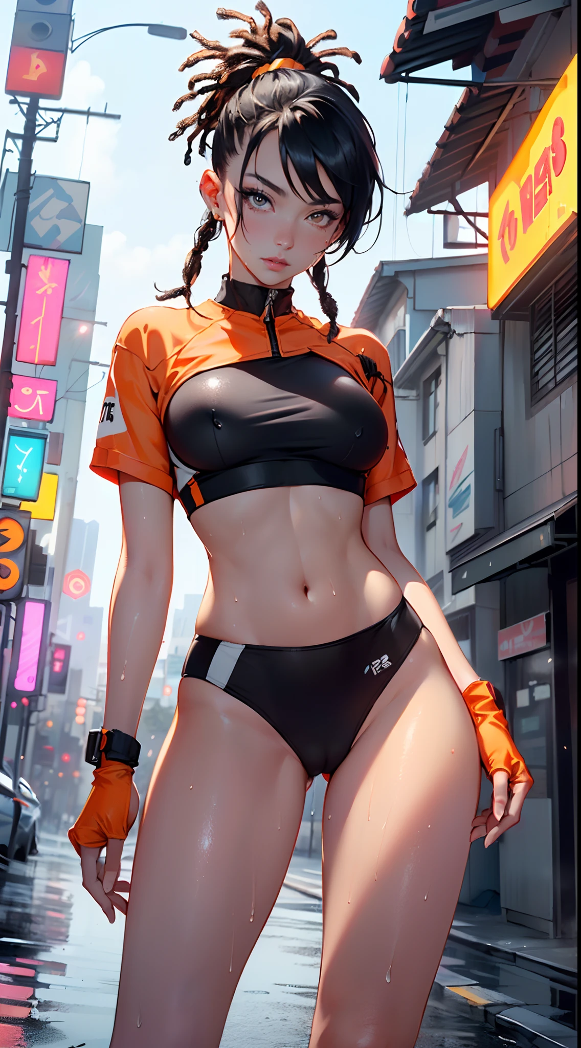 girl sporty,((attractive girl)),

(large breasts:1.4),saggy breasts,(((black hair:1.4,hi-top fade Haircut:1.5,hi-top fade:1.5,ponytail hairstyle with dreadlocks:1.5))),((heterochromia:1.5, (orange_eye and yellow_eye))),intricate eyes,beautiful detailed eyes,symmetrical eyes,((fat))(((lustrous skin:1.5,bright skin: 1.5,skin tanned,shiny skin,very shiny skin,shiny body,plastic glitter skin,exaggerated shiny skin,illuminated skin, wet legs))),(spider lower abdomen,narrow waist,wide hip,athletic body,inflated legs,detailed body,(detailed face)),

cute,slutty,seductive,erotic,(((nsfw))),

((tight sports bra, tight sports panties, (orange and black clothes))),(((underboob))),((wet clothes,intricate outfit,intricate clothes)),

(dynamic pose:1.0),coquette,look of security, determined,(centered,scale to fit dimensions,Rule of thirds),

cyberpunk city by the ocean at night, with bright neon signs and dark stormy clouds and puddles, scenery:1.25,

artistic photography,(photography taken by sldr),highres, sharp focus, (ultra detailed, extremely detailed), (photorealistic artwork:1.37),(extremely detailed CG unity 8k wallpaper),((synthwave background theme)),(((vibrant colors))),(intricate background),(masterpiece),(best quality),