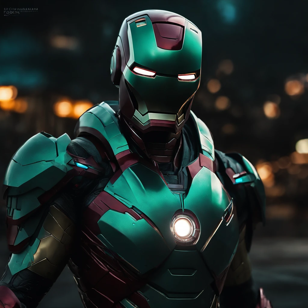hyperrealistic, powerful, joker colors armored (iron man marvel helmet), her cybernetic helmet glowing in the darkness of space, legs are muscular, feet are claws, ready to take on any challenge, style of Alena Aenami,ground angle,long shot, small body