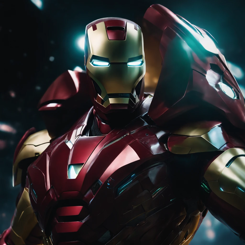 hyperrealistic, powerful, joker colors armored (iron man marvel helmet), her cybernetic helmet glowing in the darkness of space, legs are muscular, feet are claws, ready to take on any challenge, style of Alena Aenami,ground angle,long shot, small body