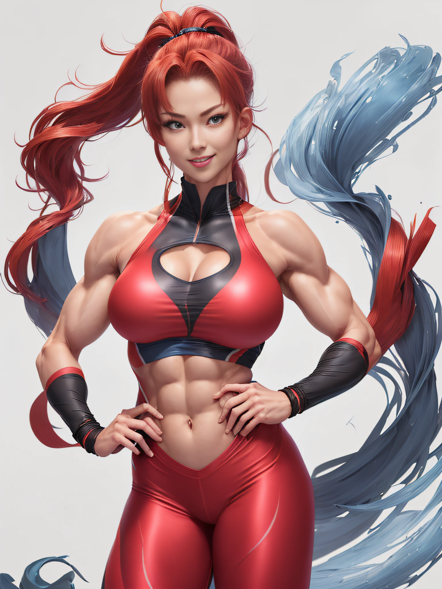 resplendent smile、 Female Fitness Model、Huge chest on the verge of bursting、thin and long legs、abdominals、musculature、Metallic Red Workout Wear、Half Japan and half American.、25-years old、Height 175cm、sportuniversal、blue eyes、Red hair、Pony tail、glistning skin、blue eyes、Pose ready to fight、full-body view