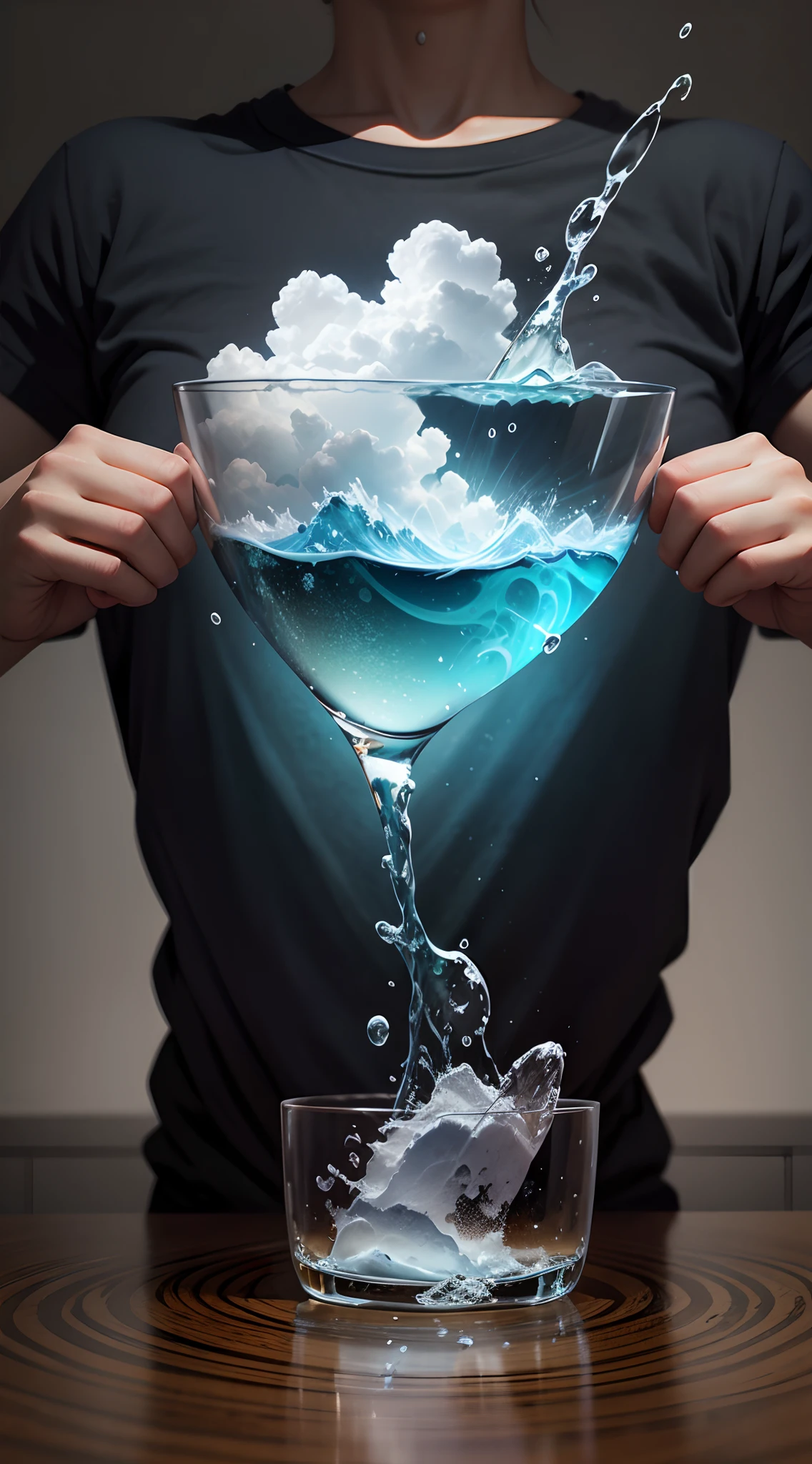 T-shirts design with a central design of a glass of water with storm inside the glass