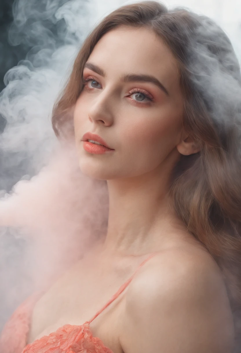 portrait of a woman covered in cloud of smoke, whirlwind, coral highlight colors, coral make-up, hints of pastel, misty, seductive, sultry, breathtaking, oil painting style, artistic, aesthetic modern art, hyper-realism