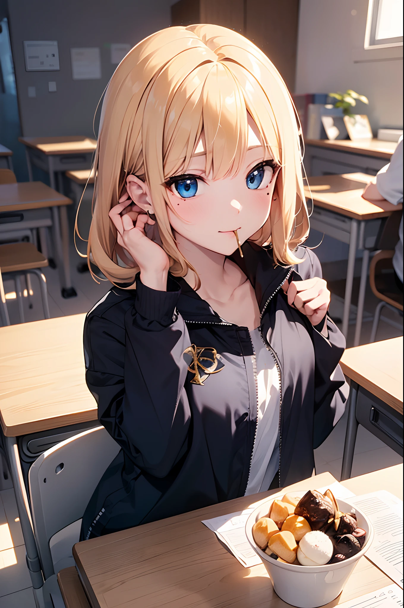 （Girl with a nasty appearance:1.3）、(Daytime:1.5)、(and chest:1.4)、Raw photography, top-quality, hight resolution, (​masterpiece), (Photorealsitic:1.4), (Mole under the eyes),Anime Cosplay, foco nítido, nffsw, 8K分辨率, intricate detailes, depth of fields, the Extremely Detailed CG Unity 8K Wallpapers, front lit, femele,25-years old、 Happy face,(tying  hair:1.5)、see -through、(Medium Gold Hair)、blue eyess,(Company Desk:1.5)、(jaket:1.3)、(Full body depiction)、(Eat donut sweets)